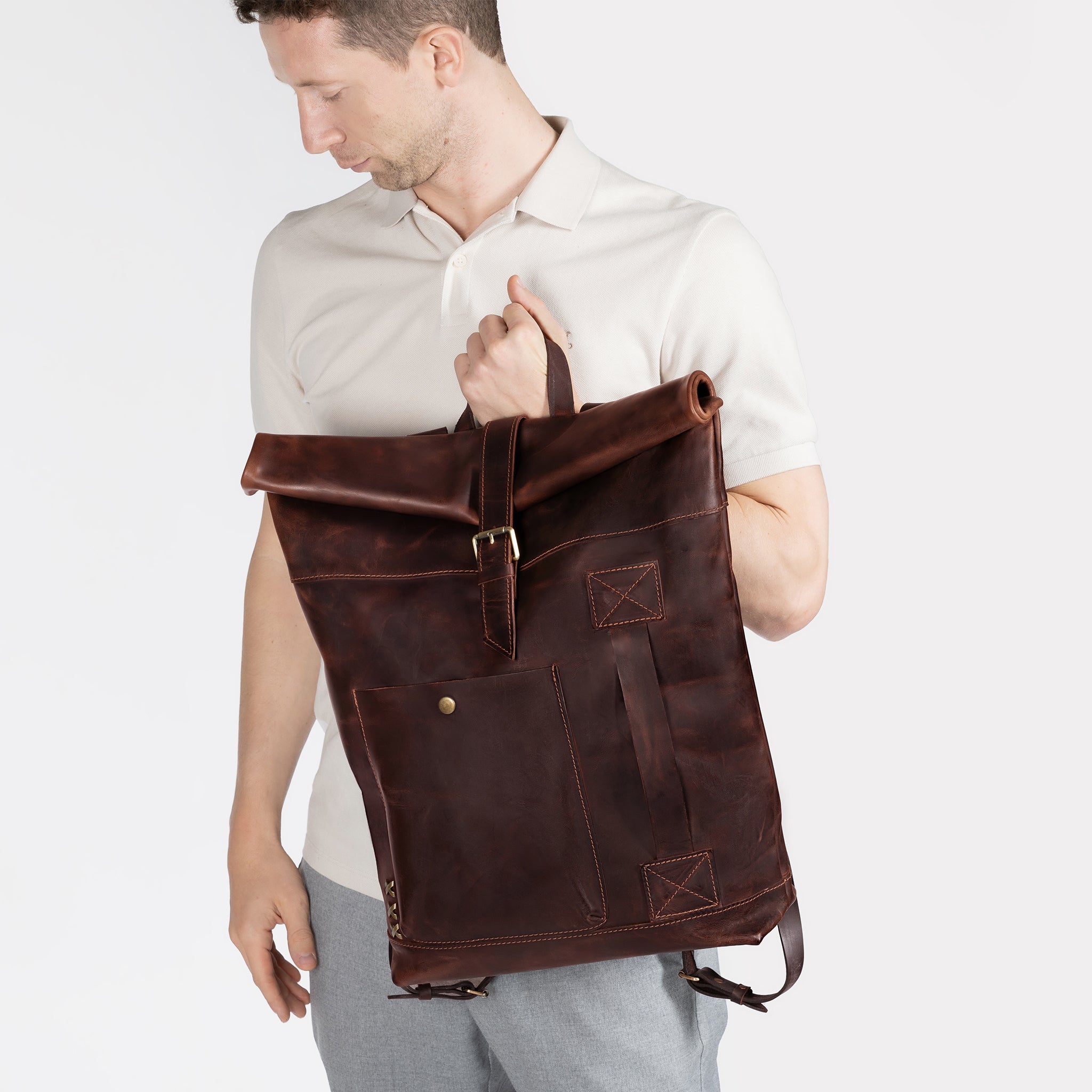 Men's Handcrafting Leather Roll-Top Backpack - Wanderlust 13", 14", 15" and 16" inch laptops