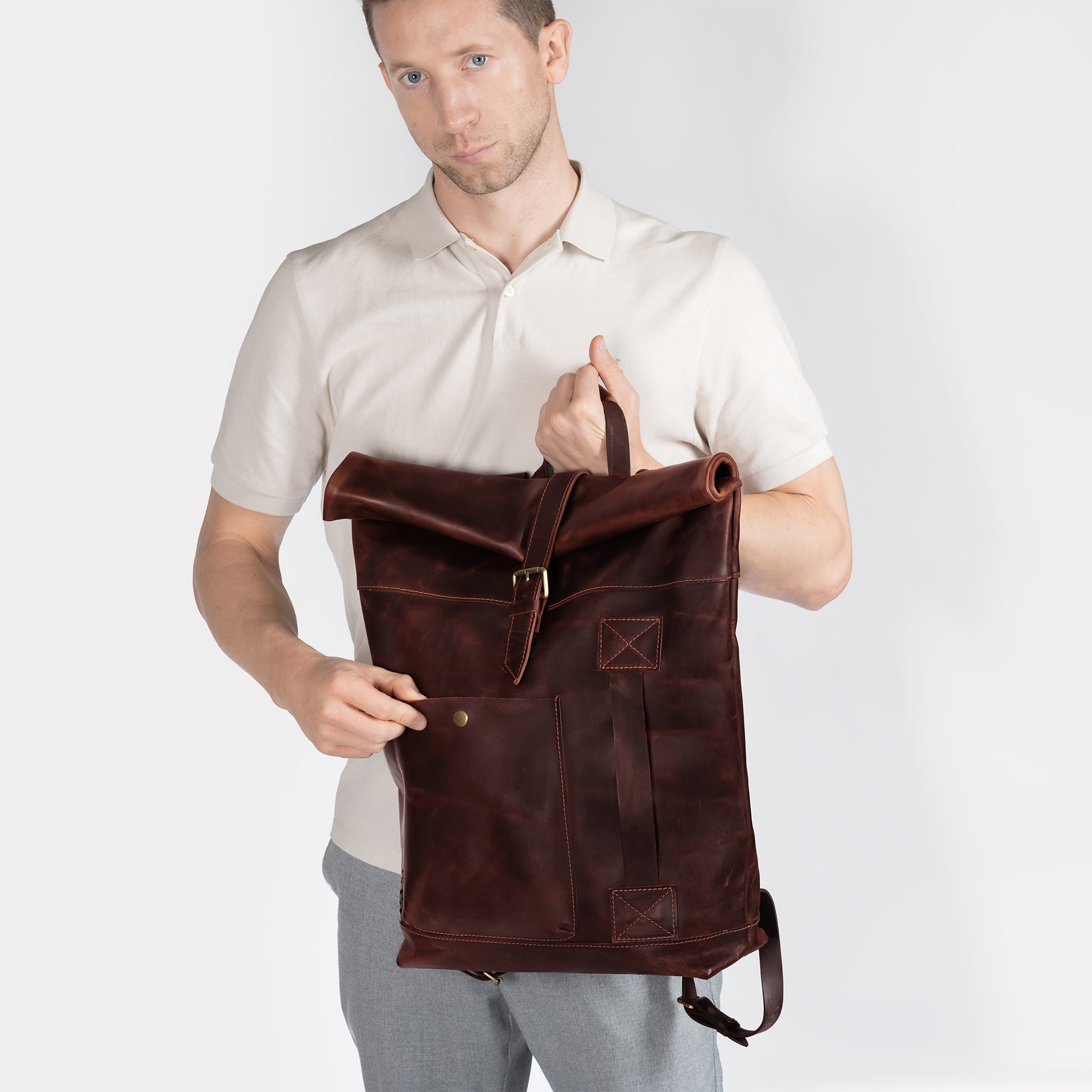 Men's Handcrafting Leather Roll-Top Backpack - Wanderlust 13", 14", 15" and 16" inch laptops