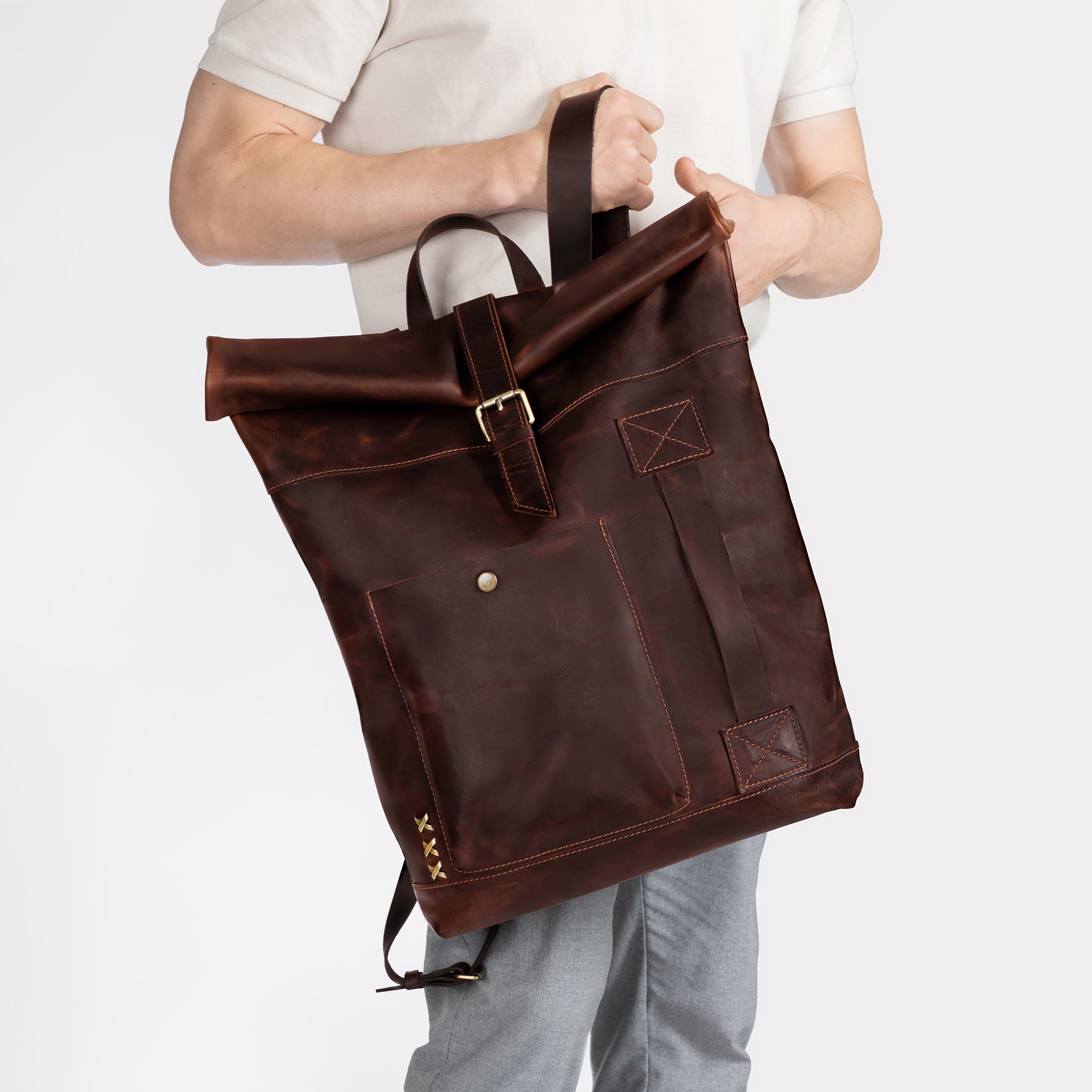 Men's Handcrafting Leather Roll-Top Backpack - Wanderlust 13", 14", 15" and 16" inch laptops