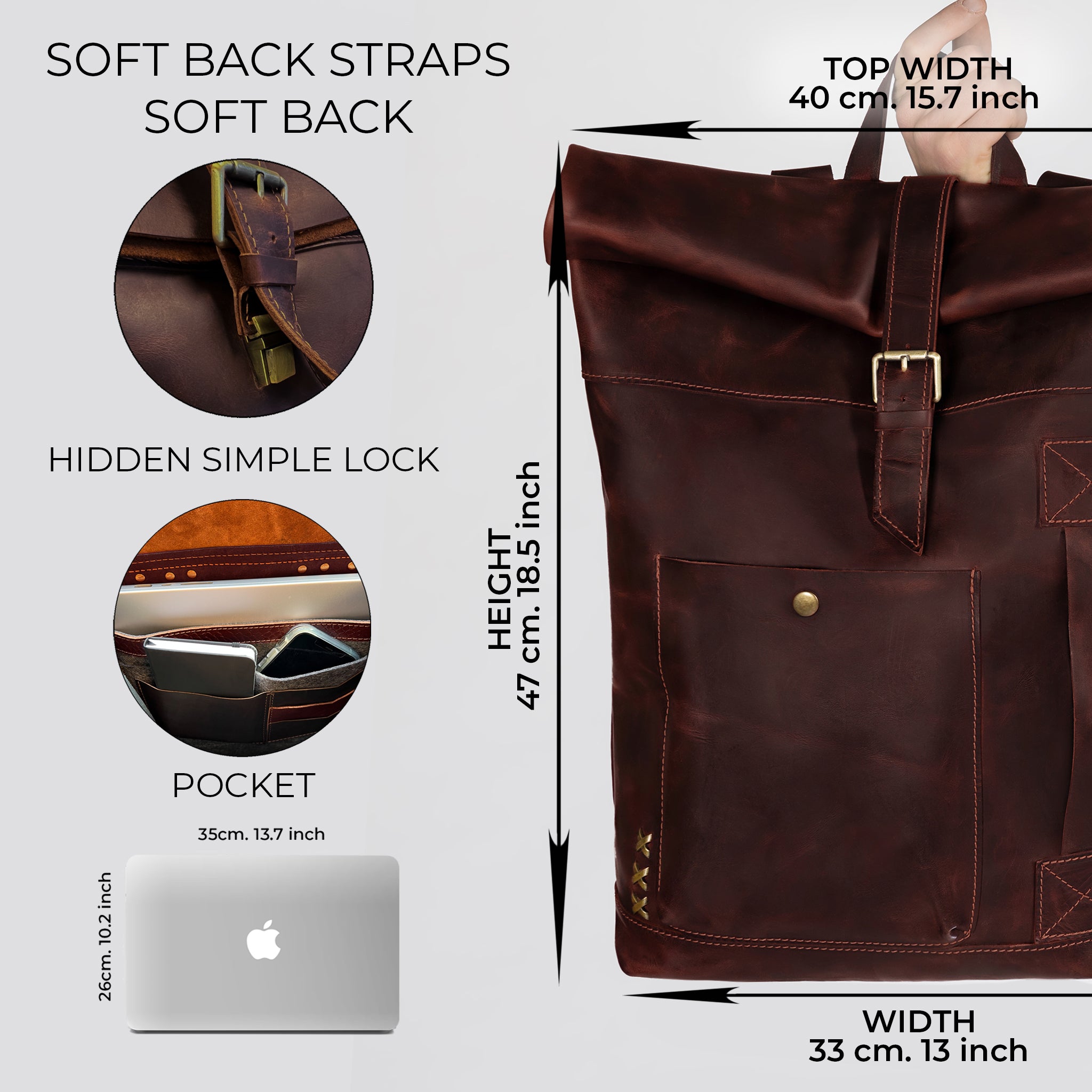 Roll-Top Handcrafting ,Women's Leather Backpack - Wanderlust 13-16 inch. laptops
