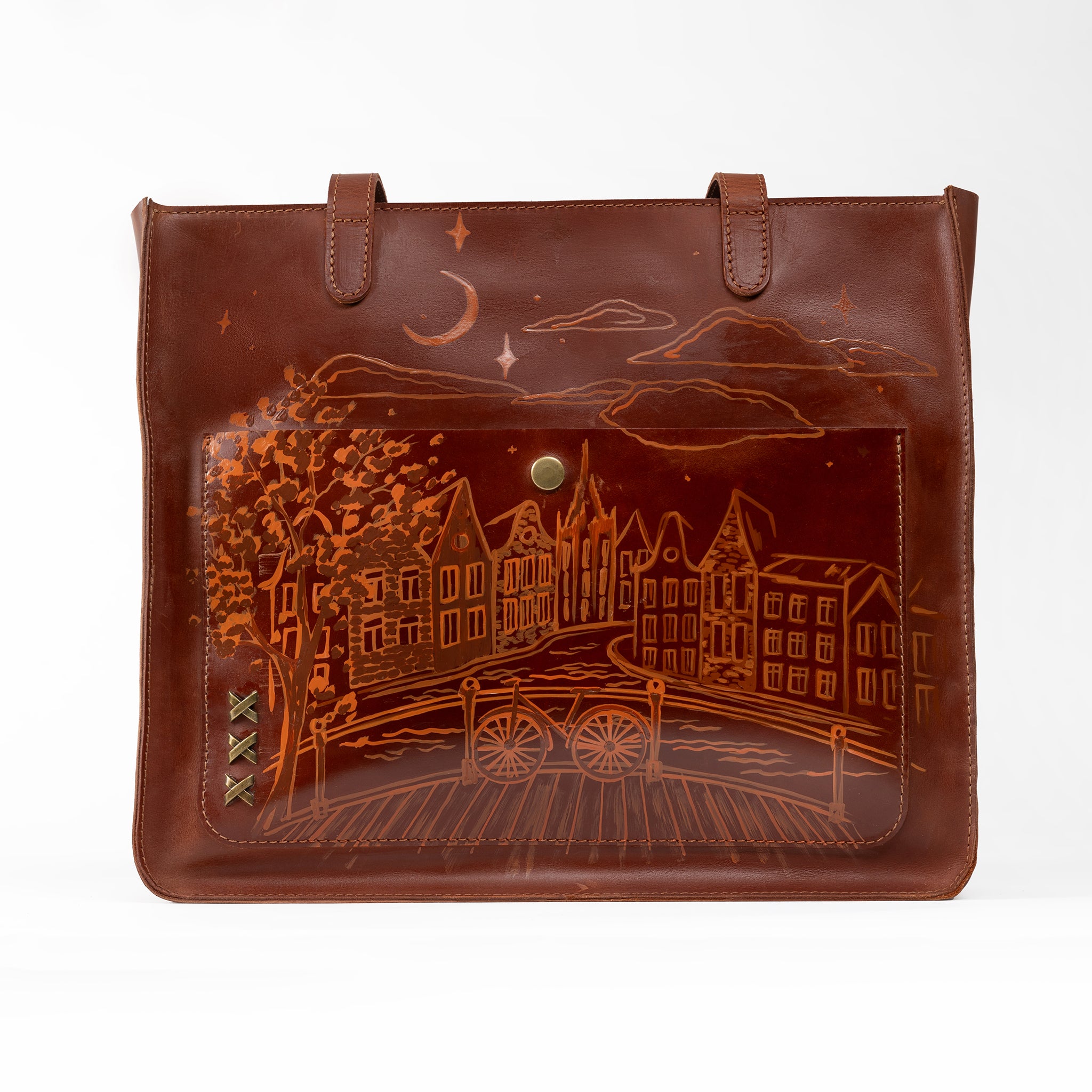 Amsterdam Tote Leather Bag with Hand-Drawn Dutch Street Illustration