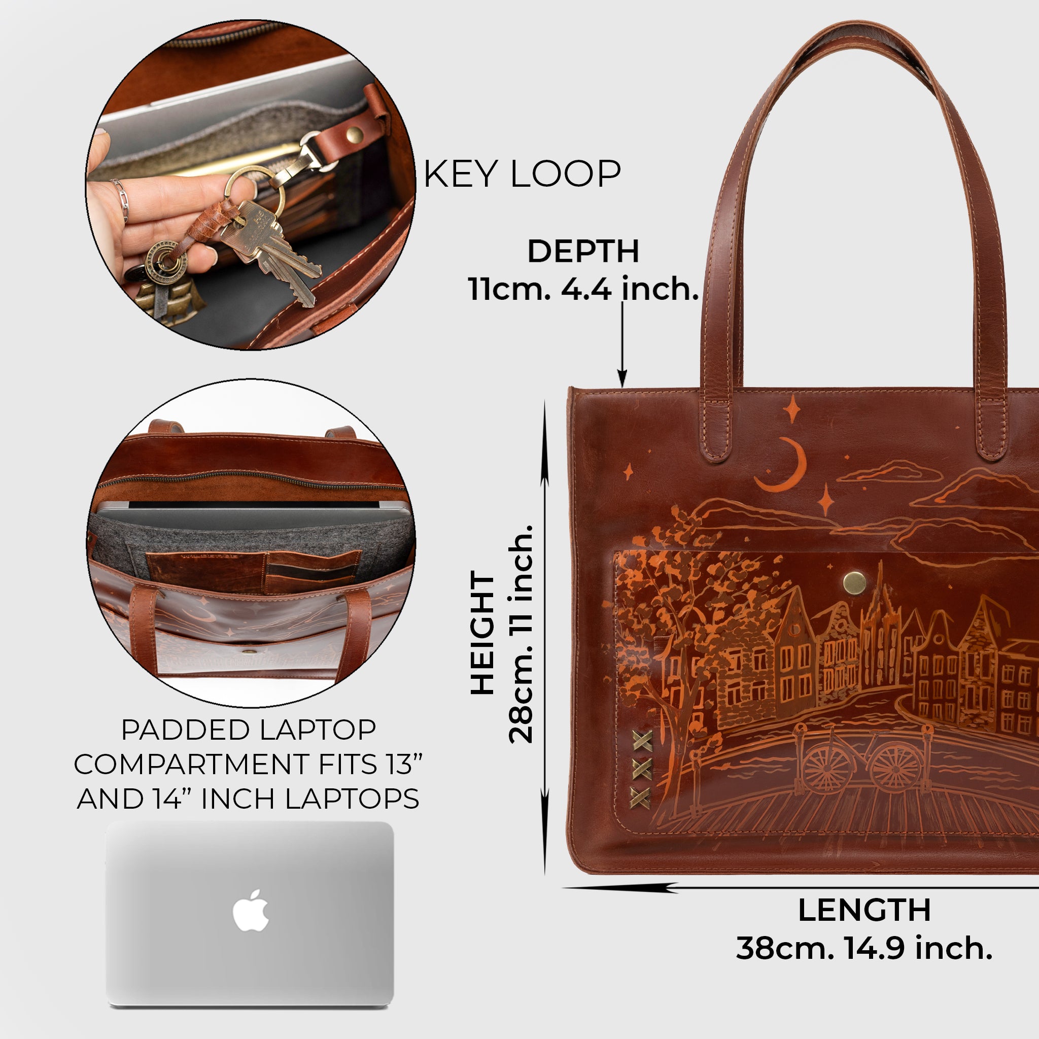 Amsterdam Tote Leather Bag with Hand-Drawn Dutch Street Illustration