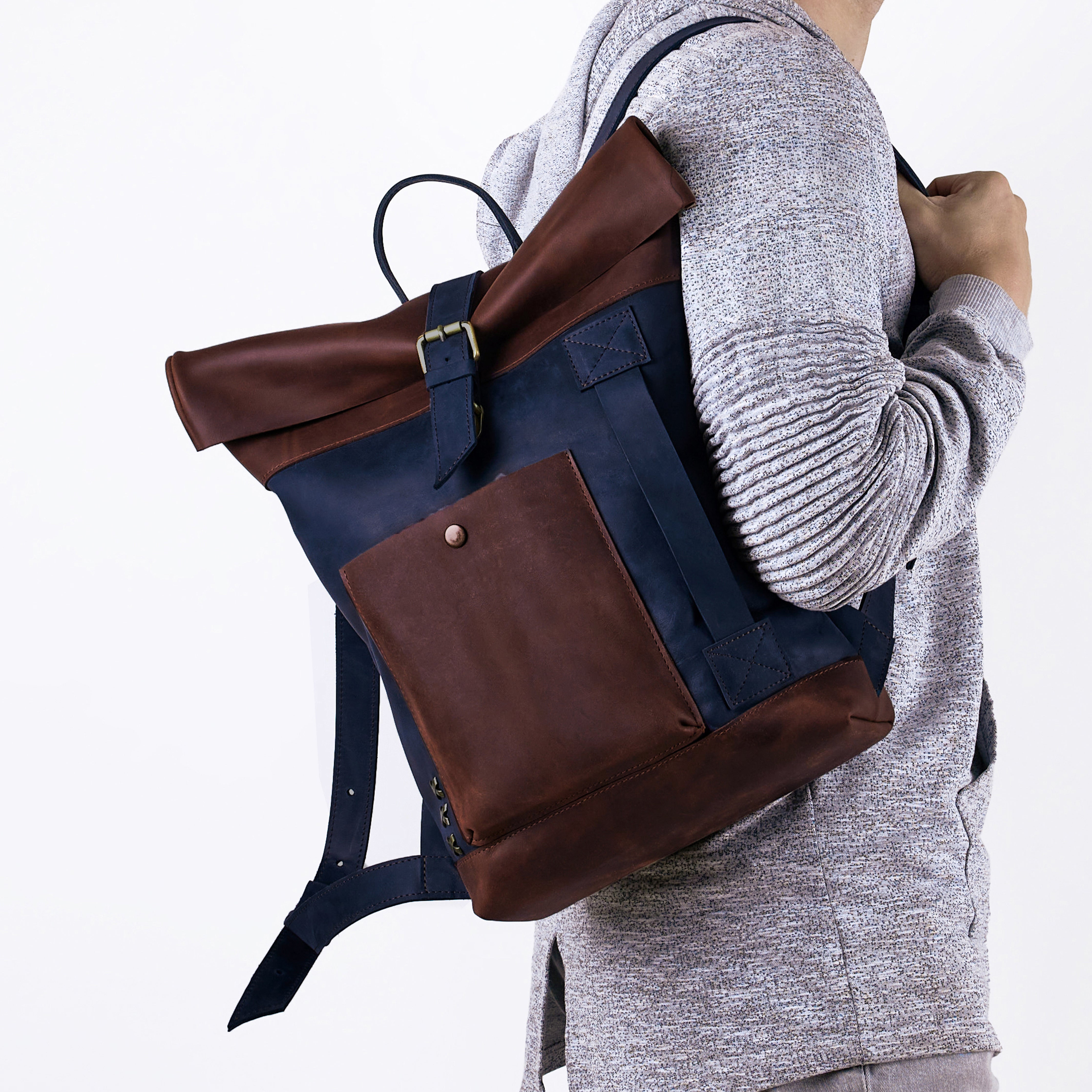 Handcrafting Men's Roll-Top Backpack Leather - 13", 14", 15" and 16" inch. laptops