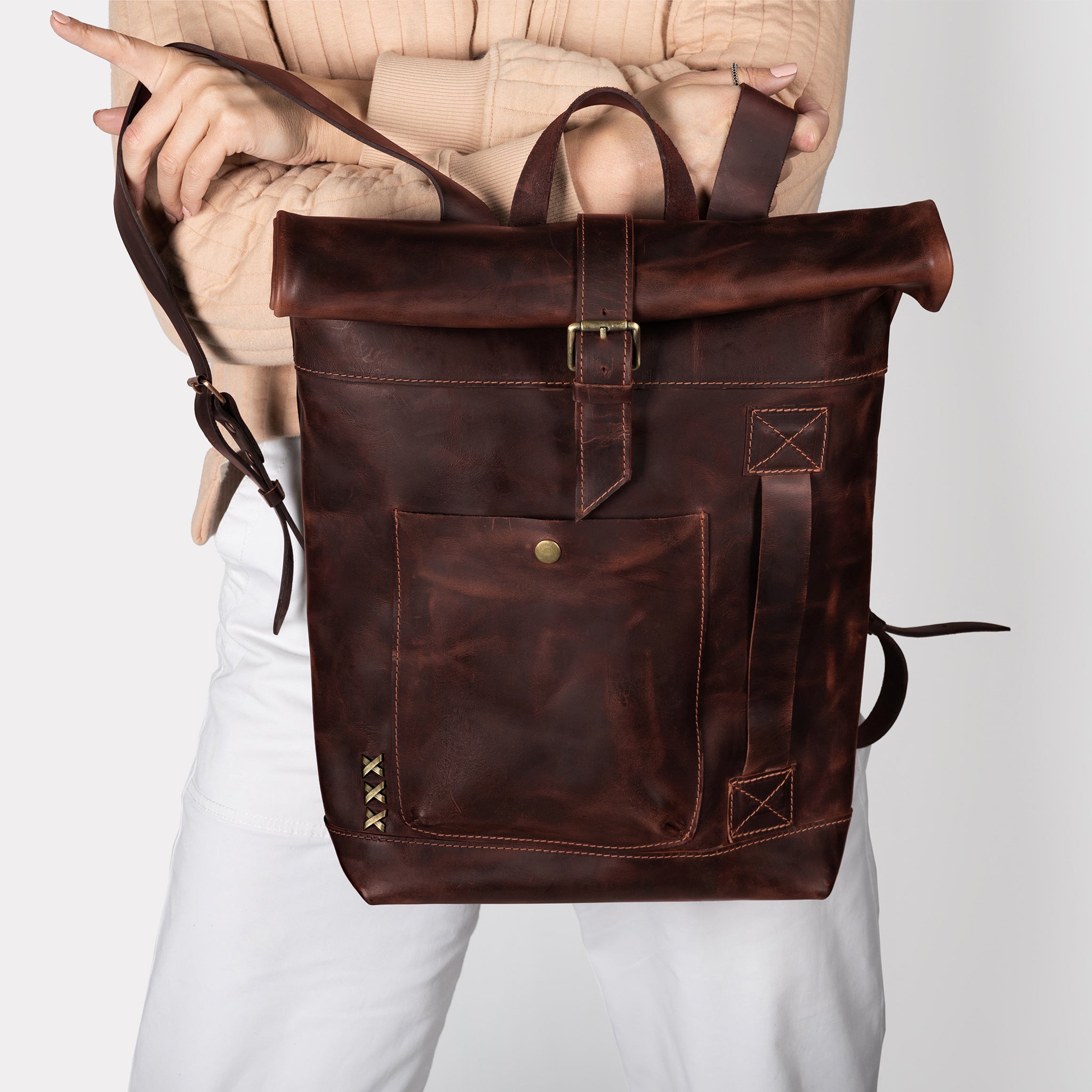 Roll-Top Handcrafting ,Women's Leather Backpack - Wanderlust 13-16 inch. laptops