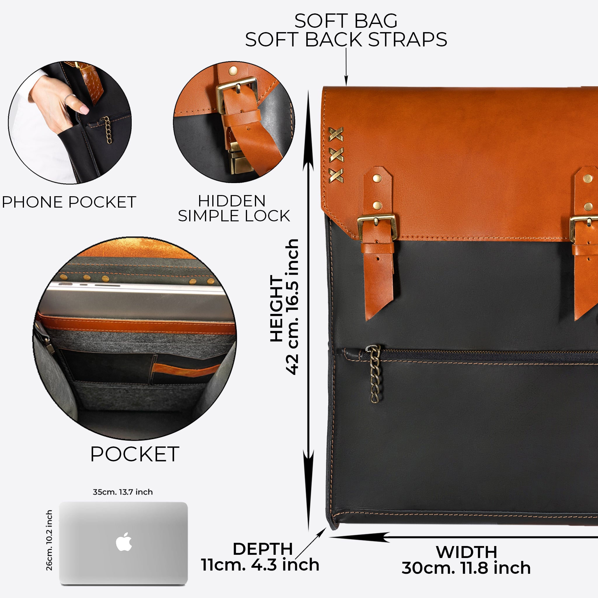 Men's Leather Classic Backpack - 13", 14", 15" and 16" inch. laptops