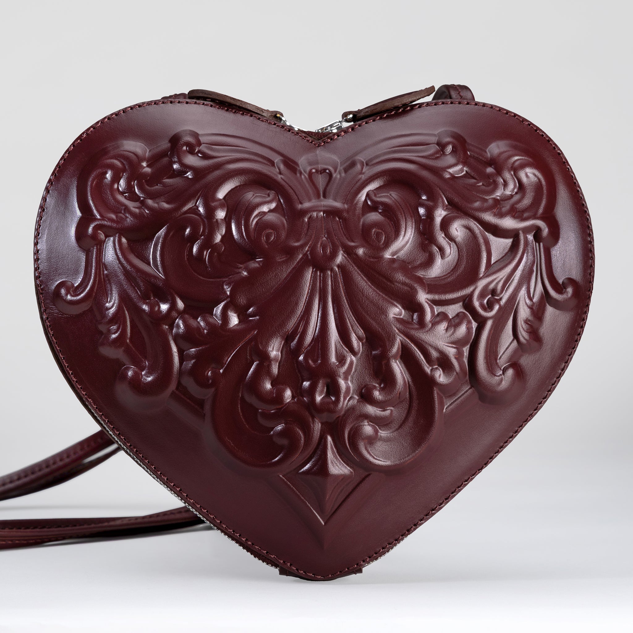 Burgundy Heart-Shaped Leather Bag with Baroque Relief