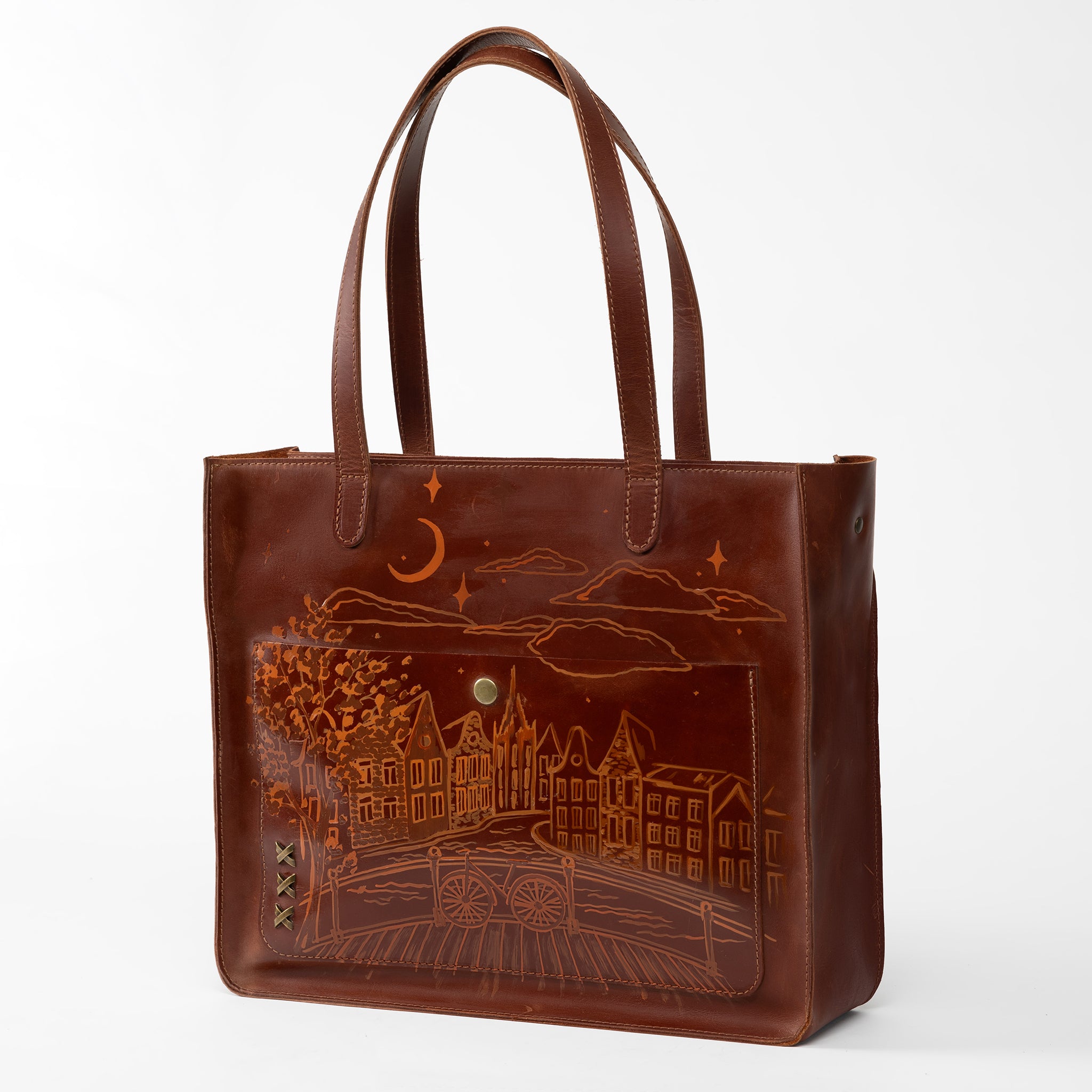 Amsterdam Tote Leather Bag with Hand-Drawn Dutch Street Illustration