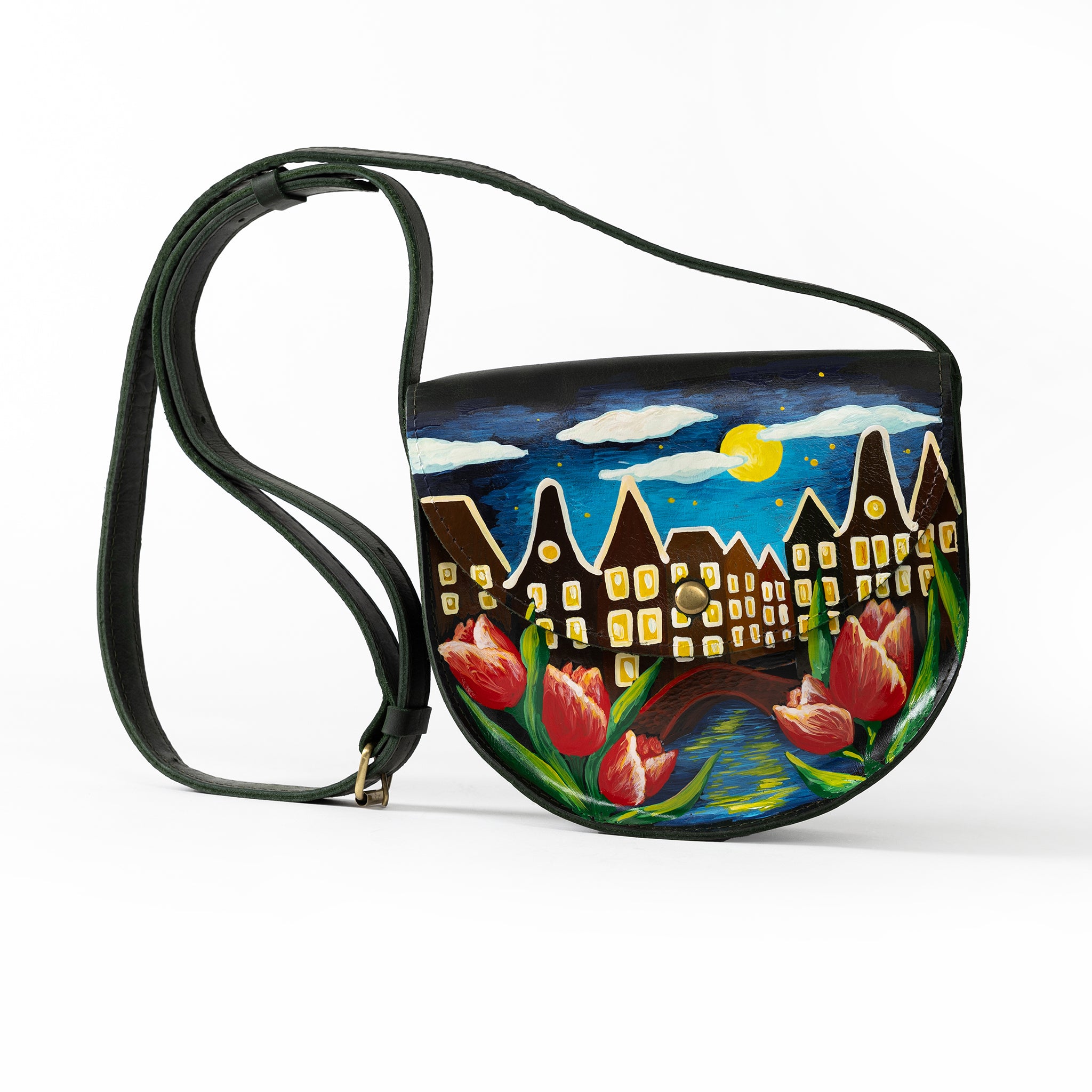 Leather Crossbody Bag: Dutch Illustrations-Hand-drawn of Dutch houses