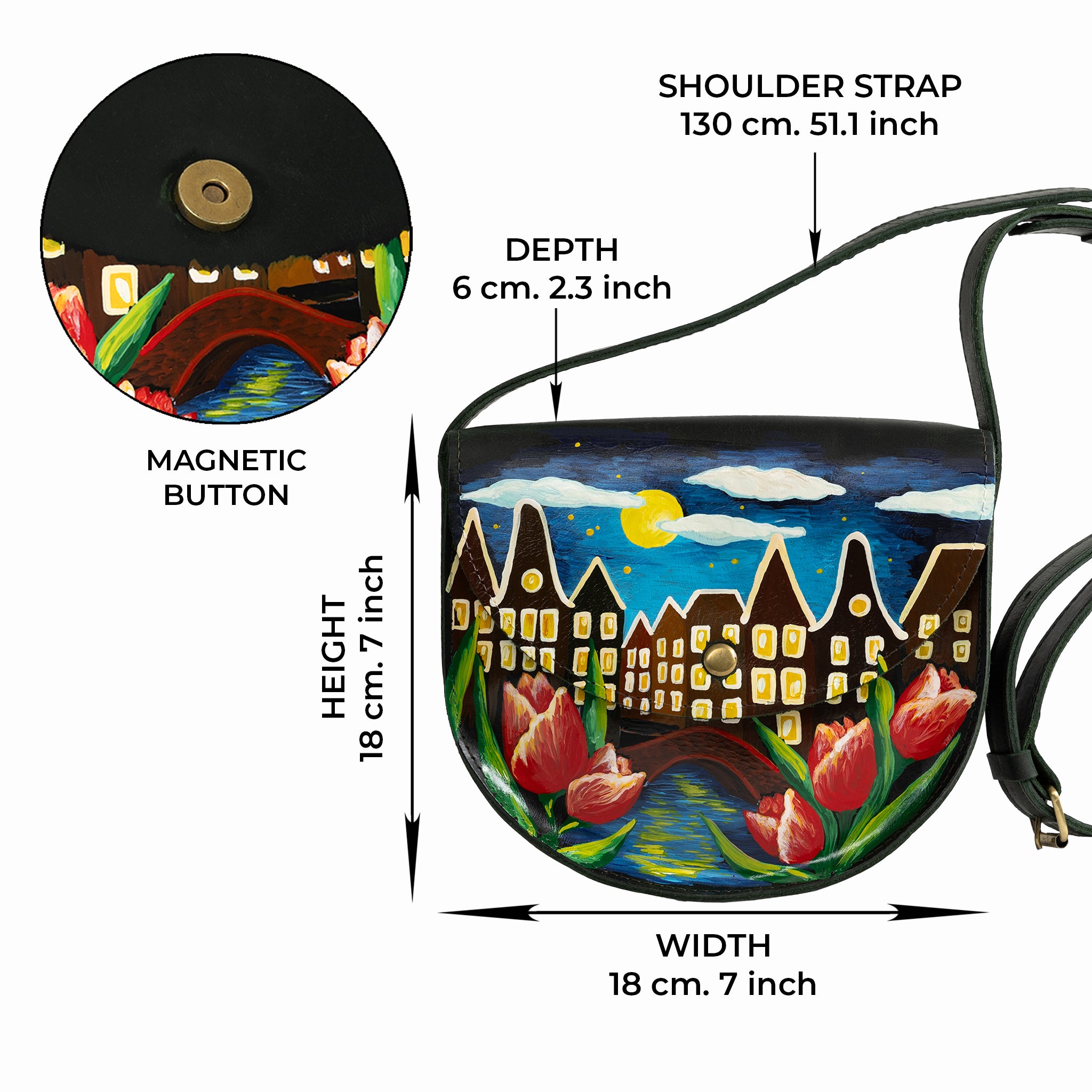 Leather Crossbody Bag: Dutch Illustrations-Hand-drawn of Dutch houses