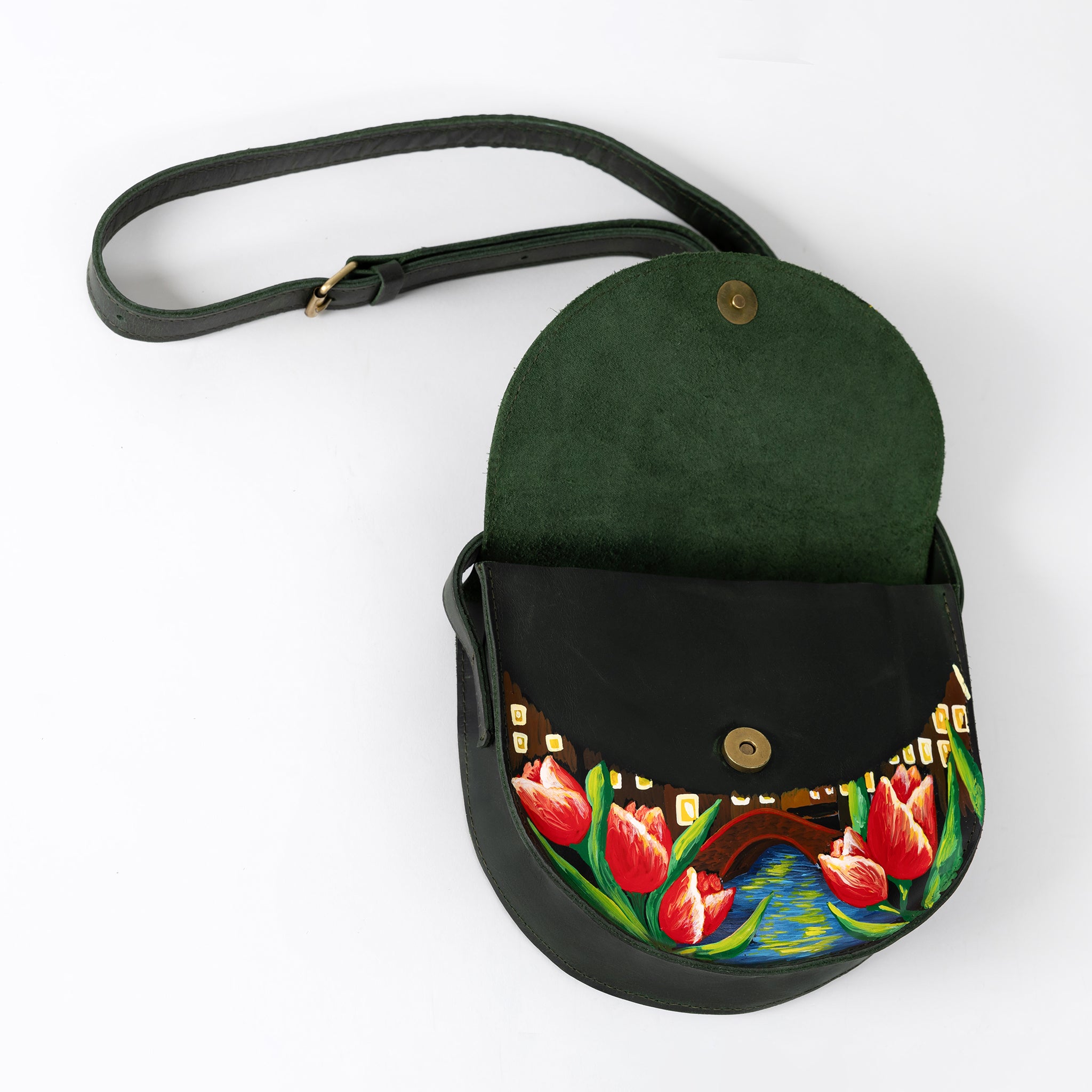 Leather Crossbody Bag: Dutch Illustrations-Hand-drawn of Dutch houses