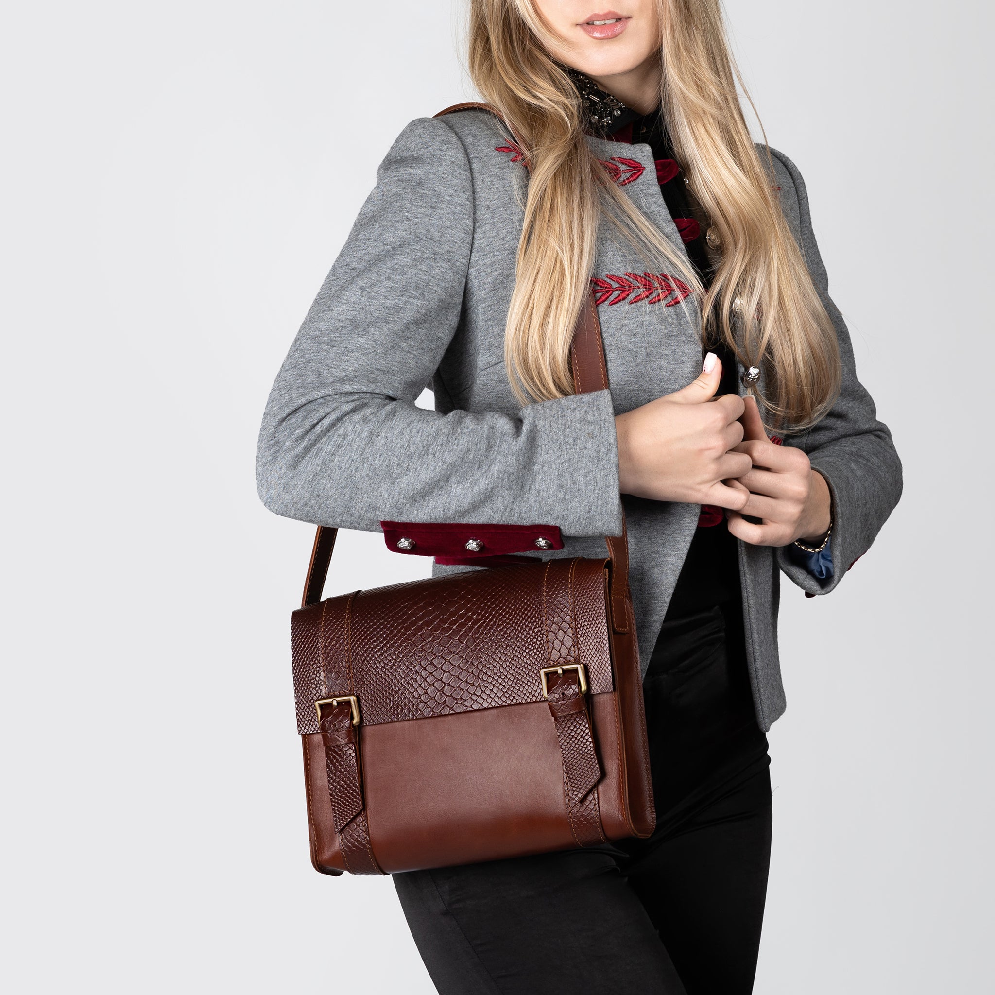 Women's designer Leather Satchel Bag ,Crossbody Shoulder Bag- Wood Reptile
