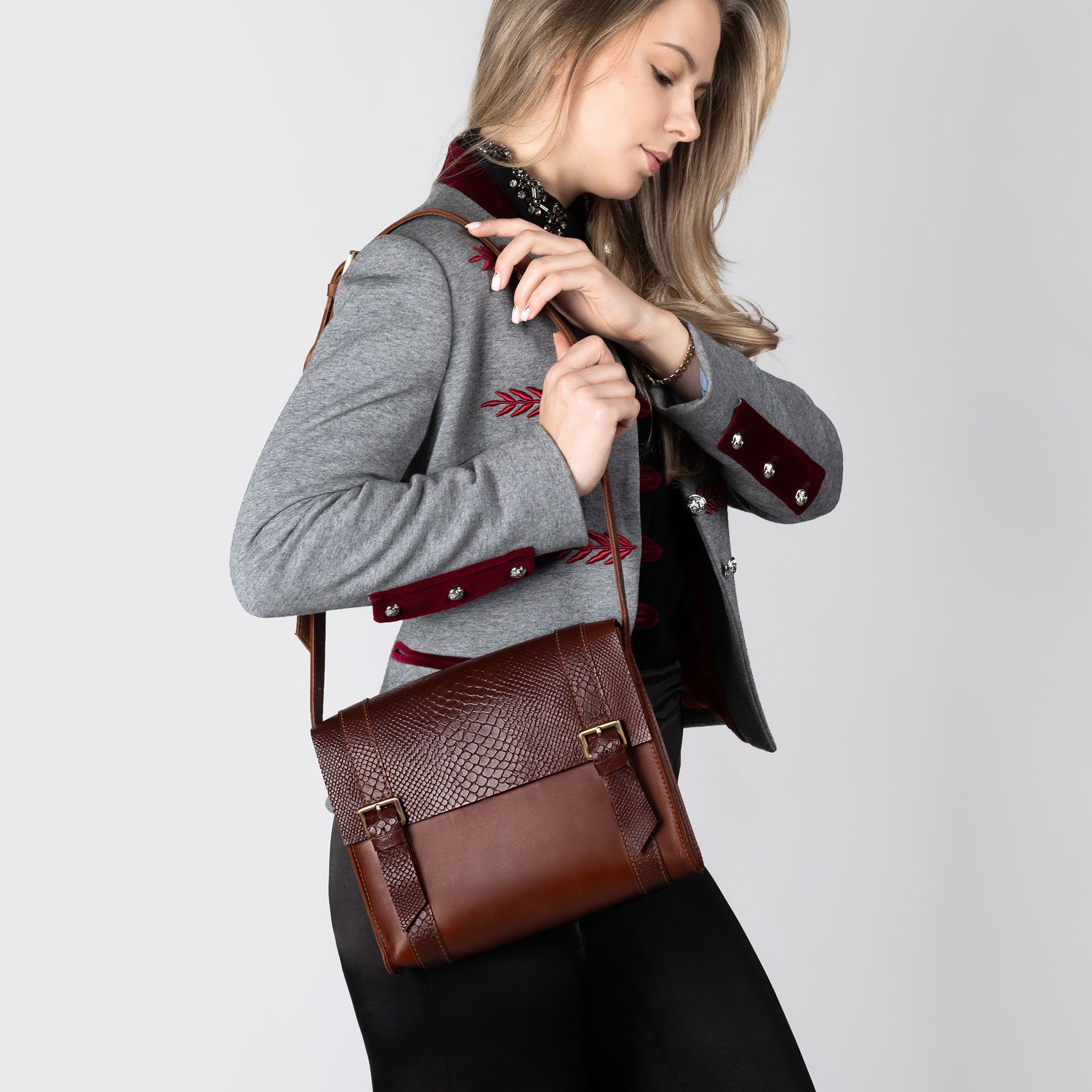 Women's designer Leather Satchel Bag ,Crossbody Shoulder Bag- Wood Reptile