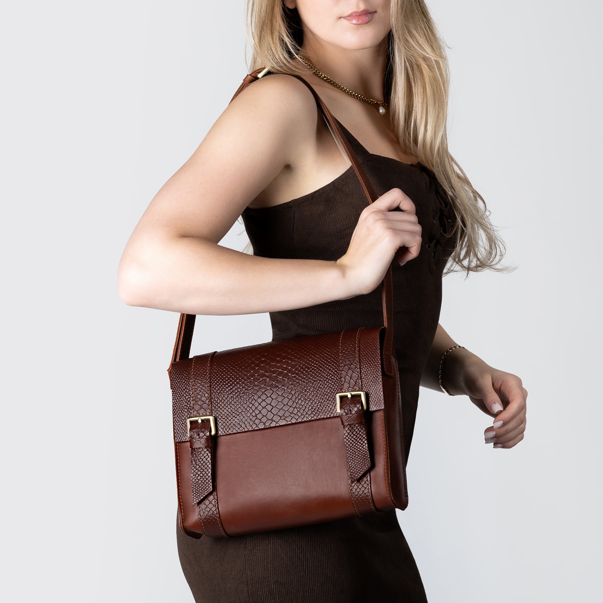 Women's designer Leather Satchel Bag ,Crossbody Shoulder Bag- Wood Reptile