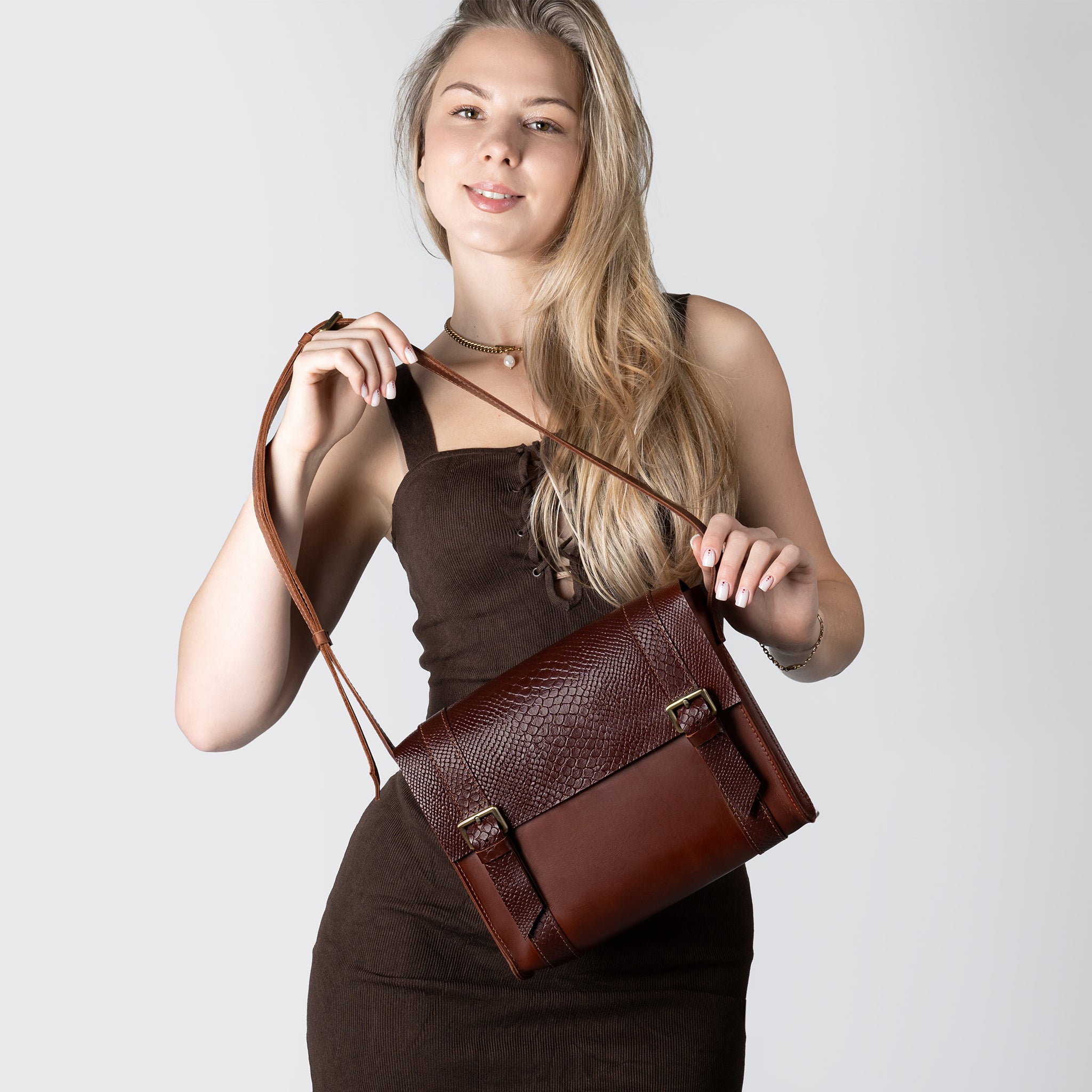 Women's designer Leather Satchel Bag ,Crossbody Shoulder Bag- Wood Reptile