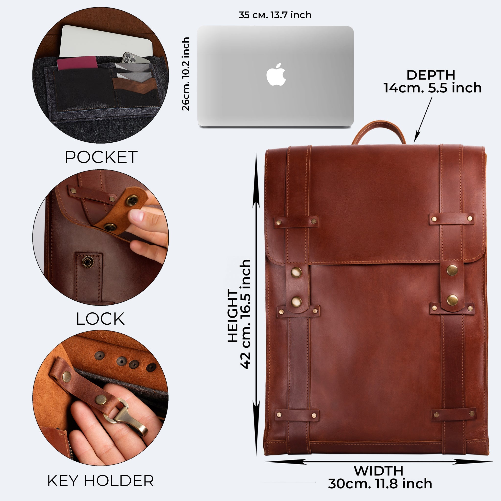 Men's Handcrafting Leather Backpack -Storyteller 13", 14", 15" and 16" inch. laptops