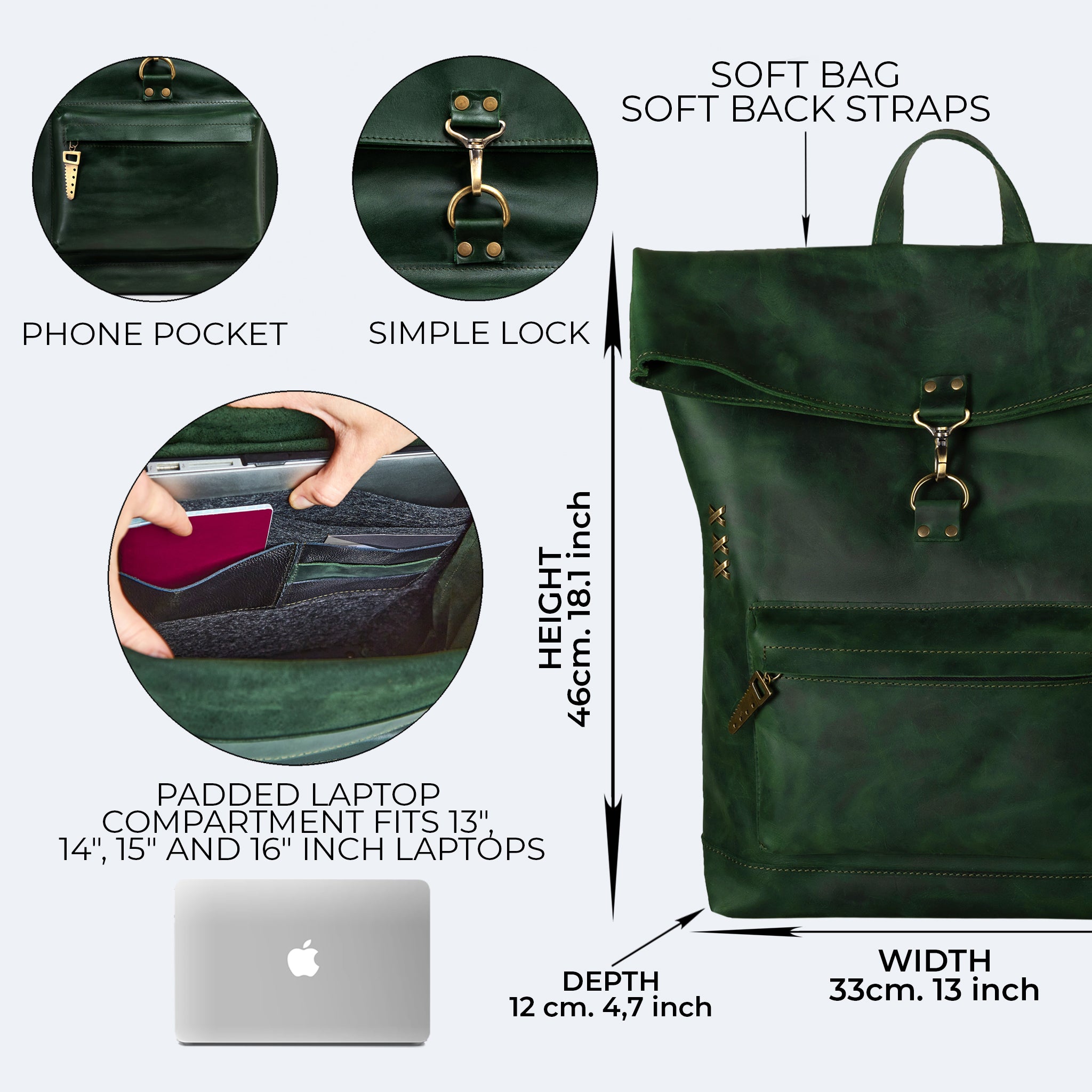 Roll -Top Leather Backpack for Men - Forester 13", 14", 15" and 16" inch laptops