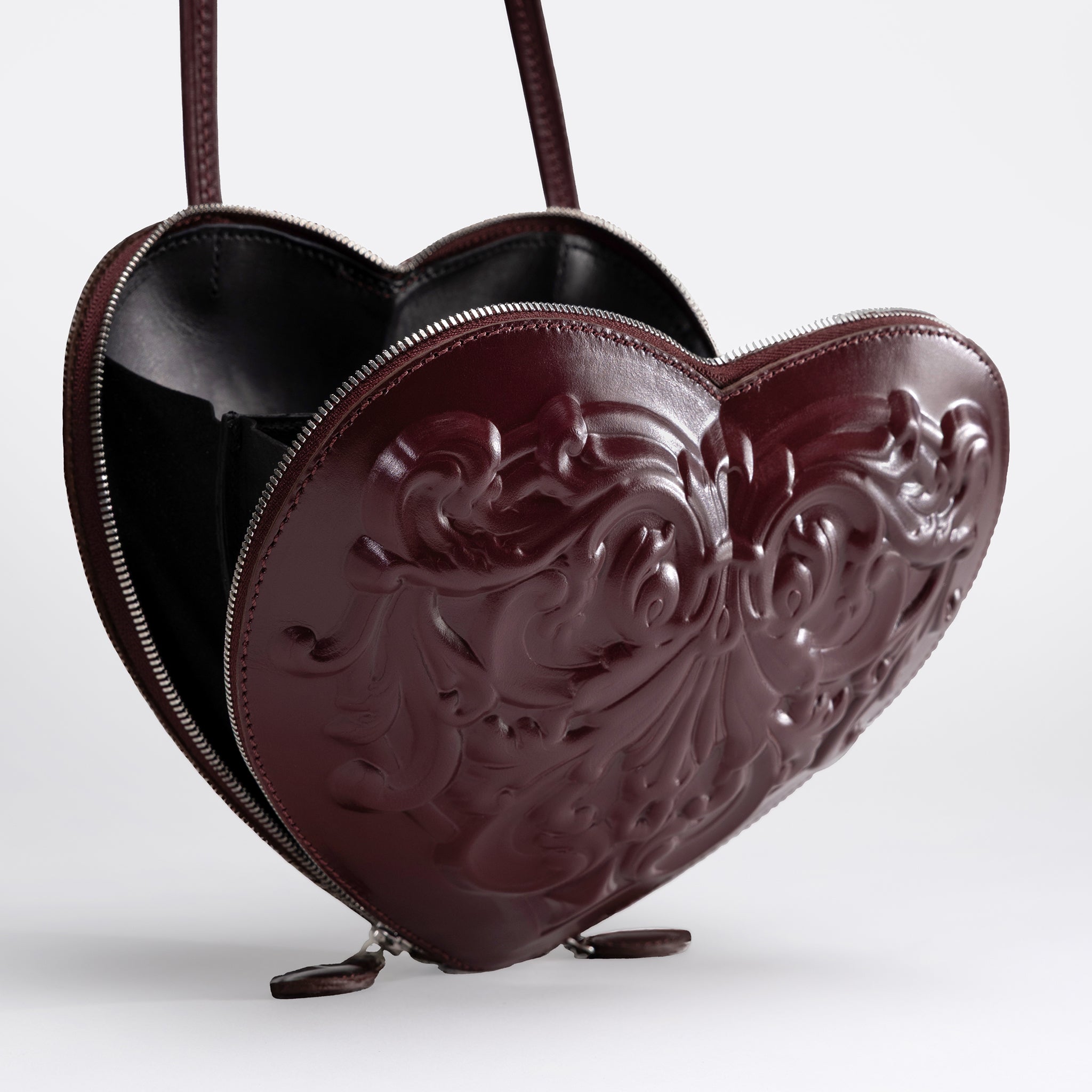 Burgundy Heart-Shaped Leather Bag with Baroque Relief