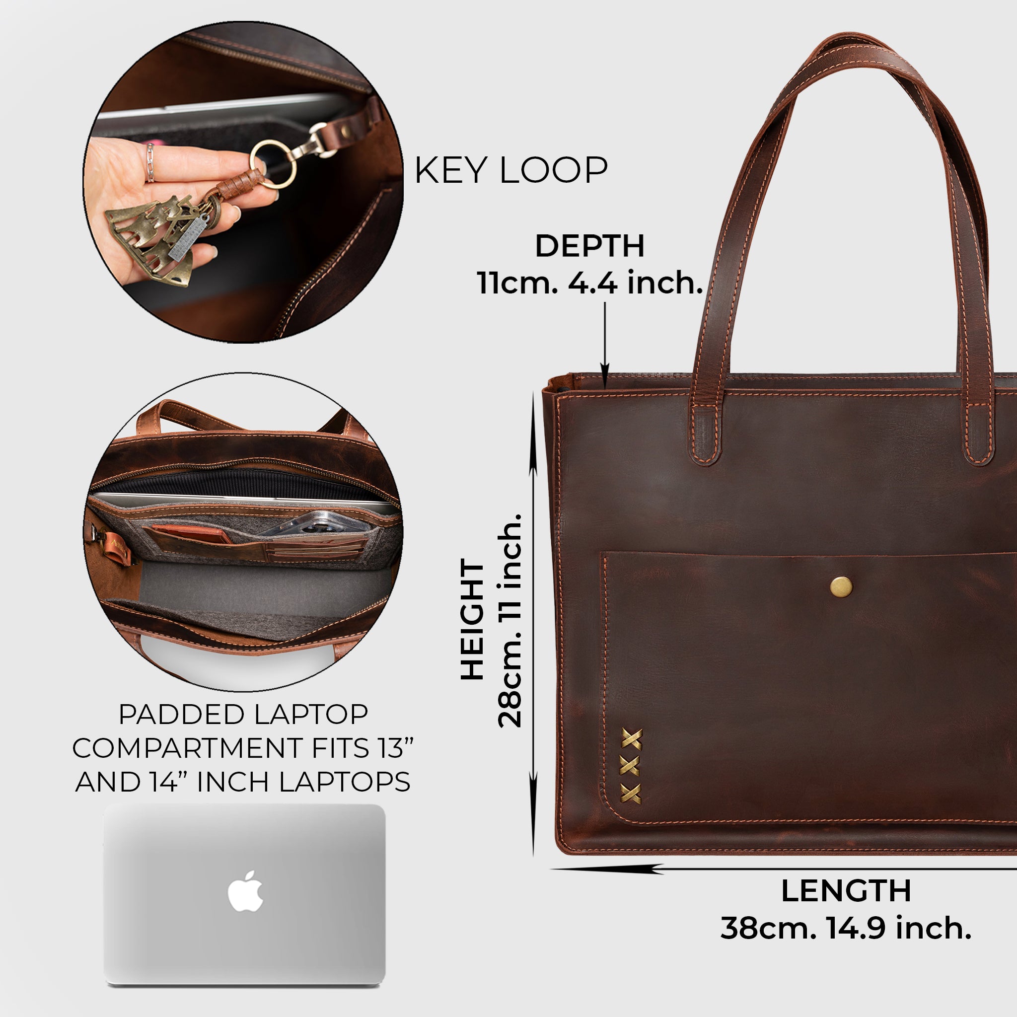 Handmade Leather Tote Laptop Bag For Women 13"and 14 inch. Laptops - Western