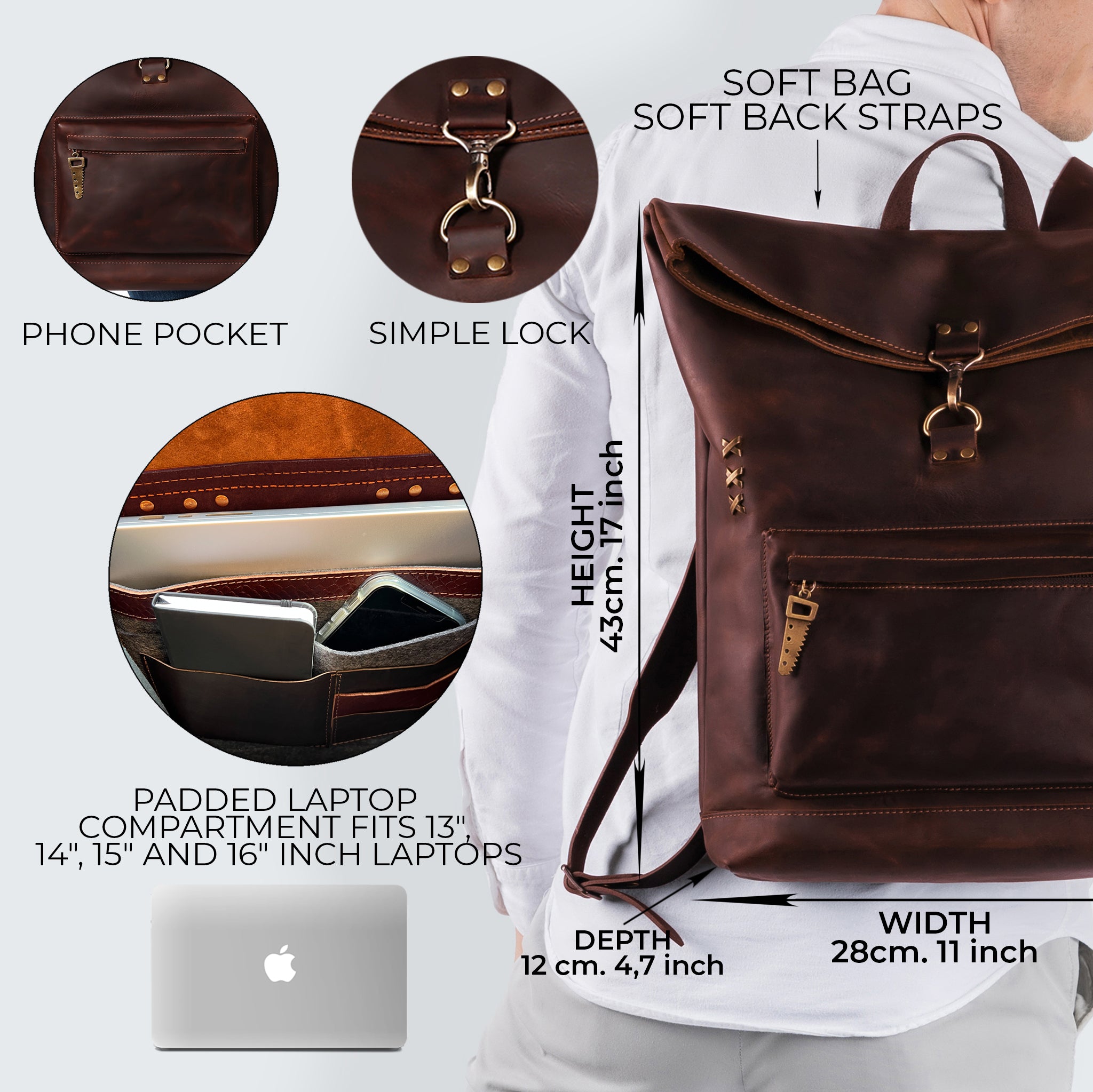 Roll -Top Leather Backpack for Men - Forester 13", 14", 15" and 16" inch laptops