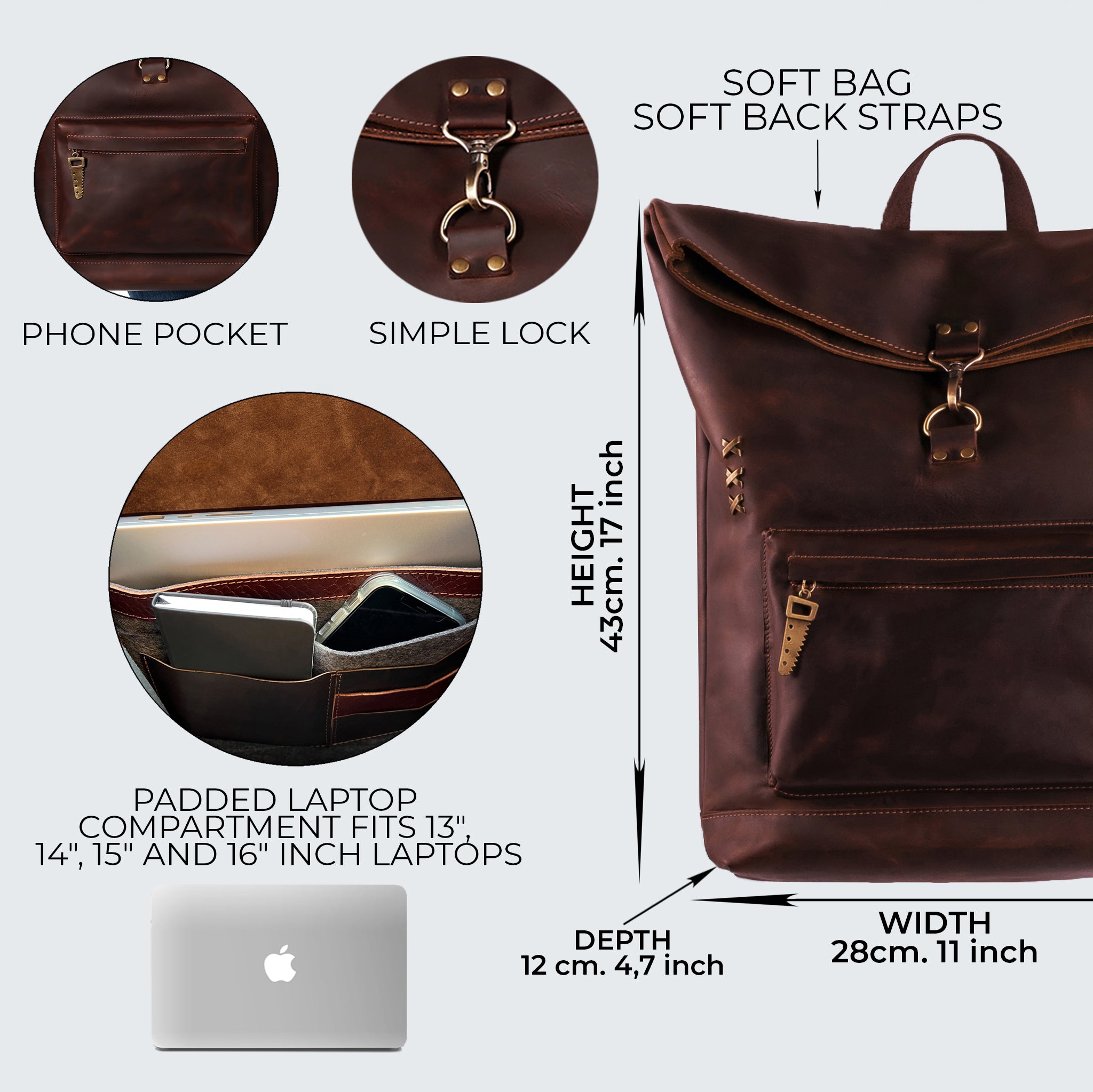 Roll-top Handcrafting Leather Women's Backpack - Forester 13", 14", 15" and 16" inch laptops