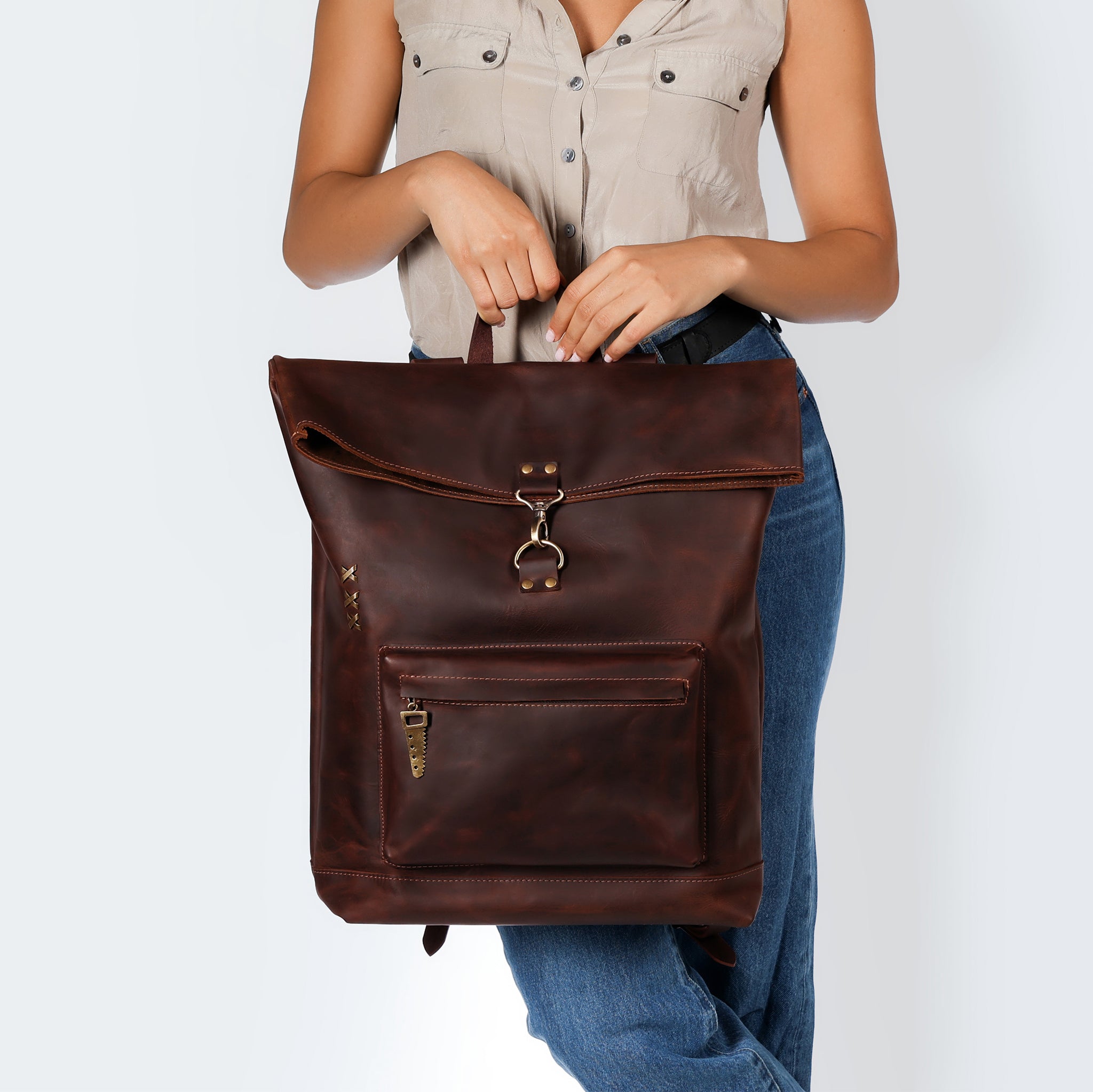 Roll-top Handcrafting Leather Women's Backpack - Forester 13", 14", 15" and 16" inch laptops