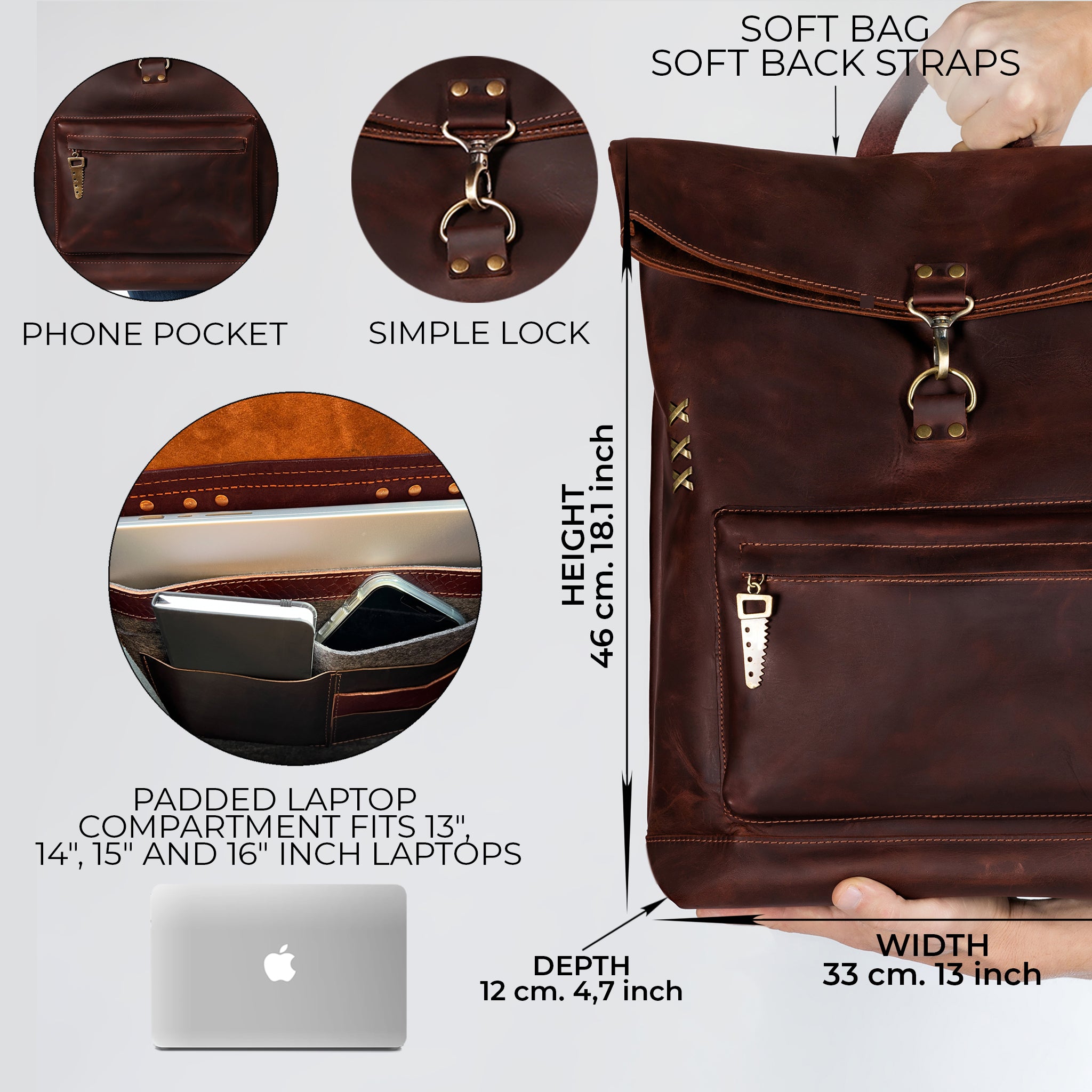 Roll -Top Leather Backpack for Men - Forester 13", 14", 15" and 16" inch laptops