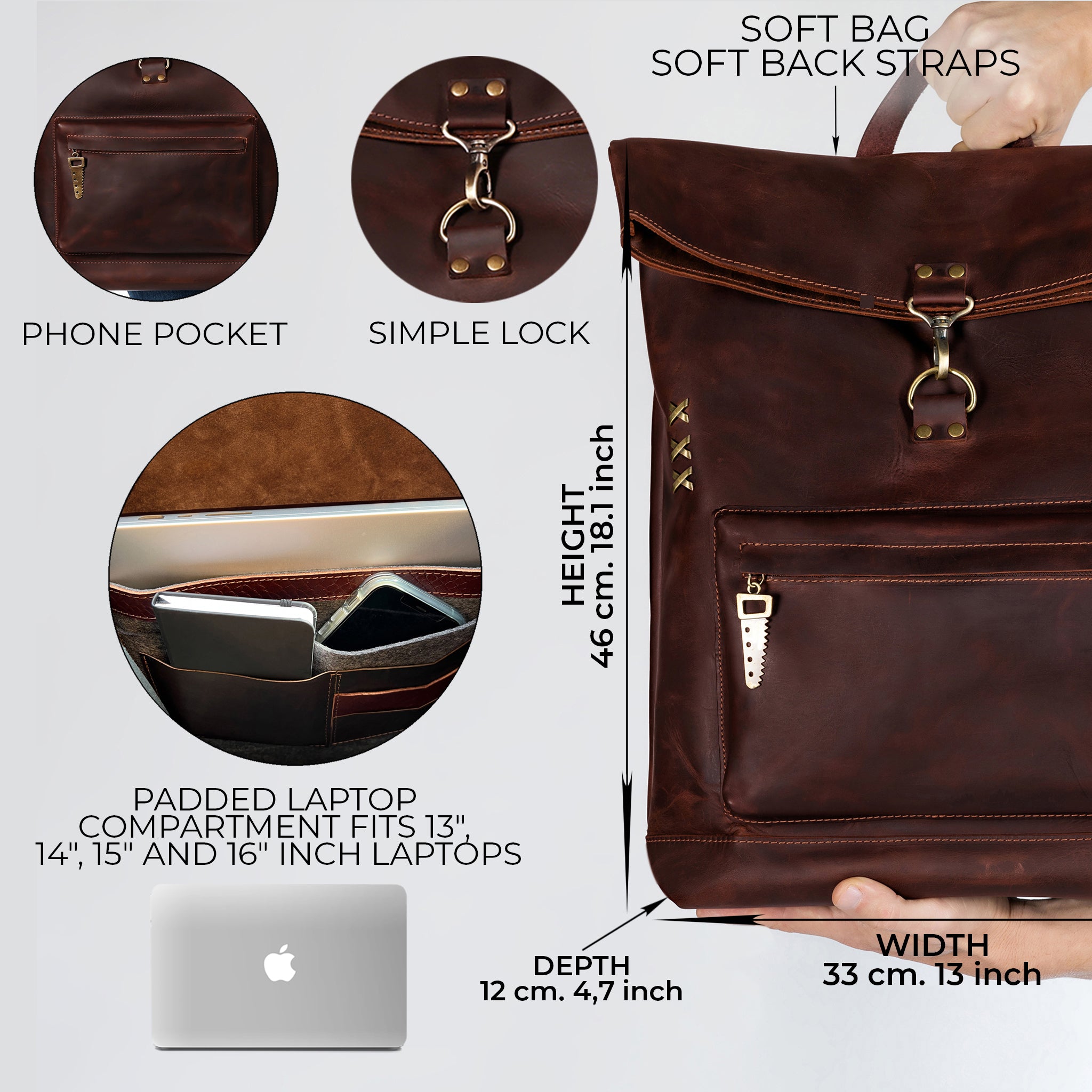 Roll-top Handcrafting Leather Women's Backpack - Forester 13", 14", 15" and 16" inch laptops