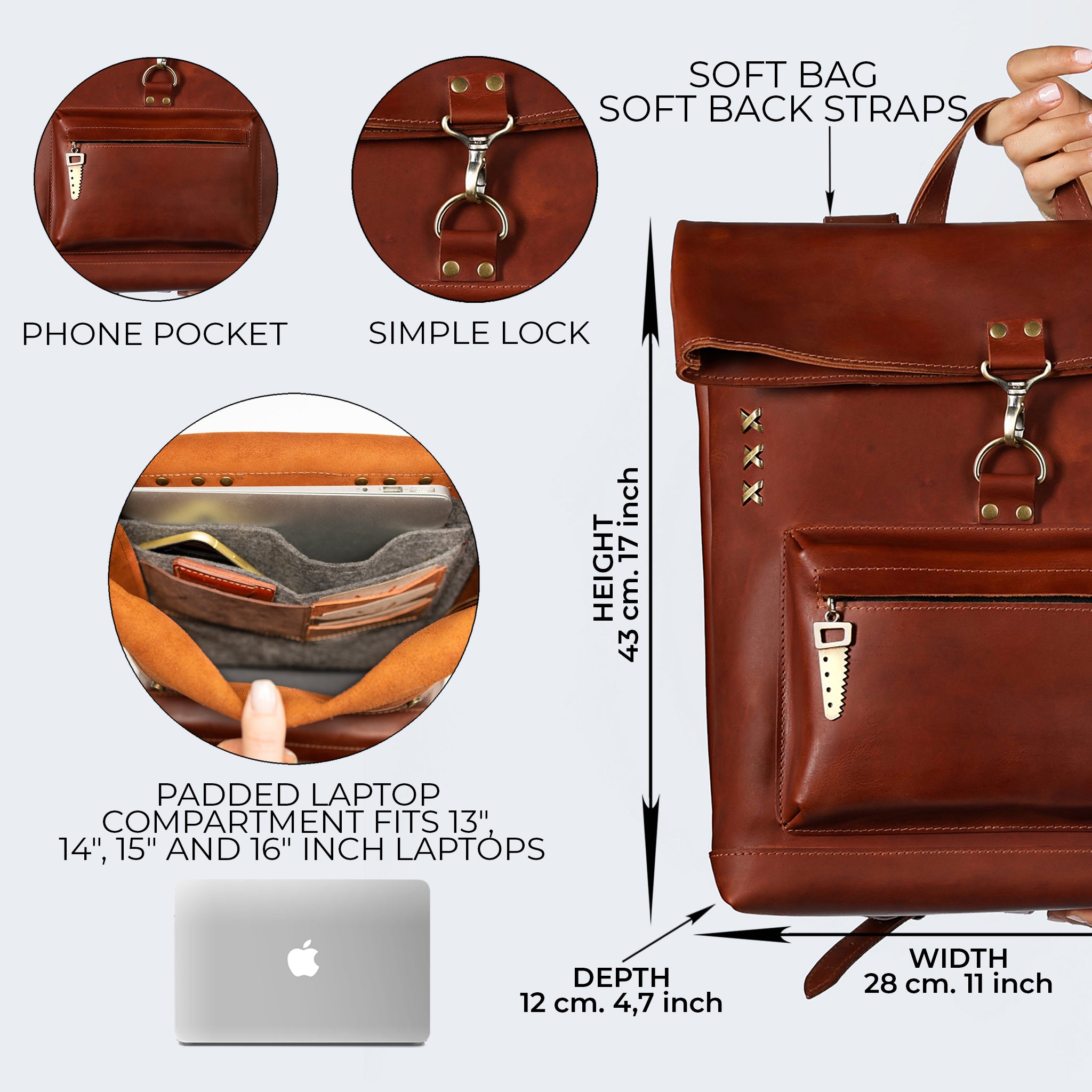Roll -Top Leather Backpack for Men - Forester 13", 14", 15" and 16" inch laptops