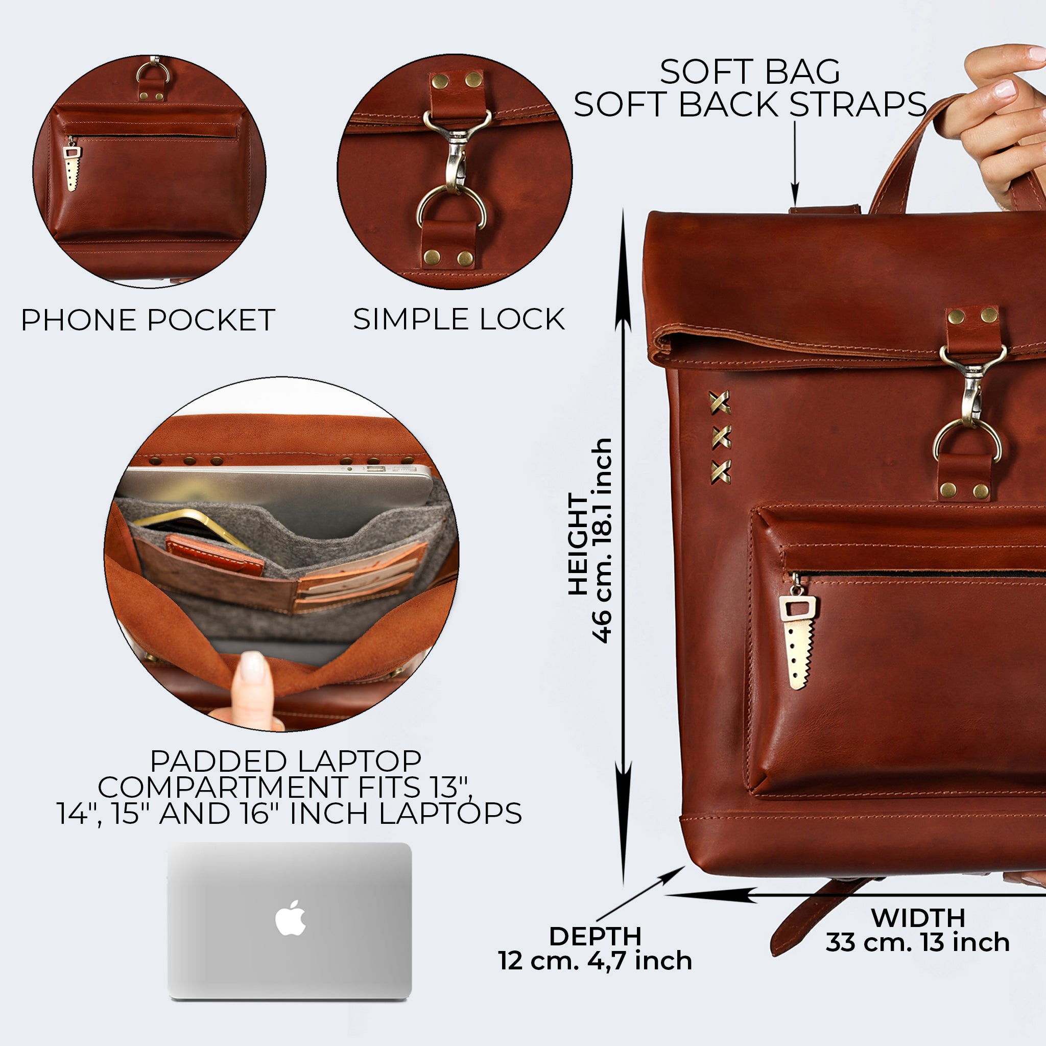 Roll-top Handcrafting Leather Women's Backpack - Forester 13", 14", 15" and 16" inch laptops