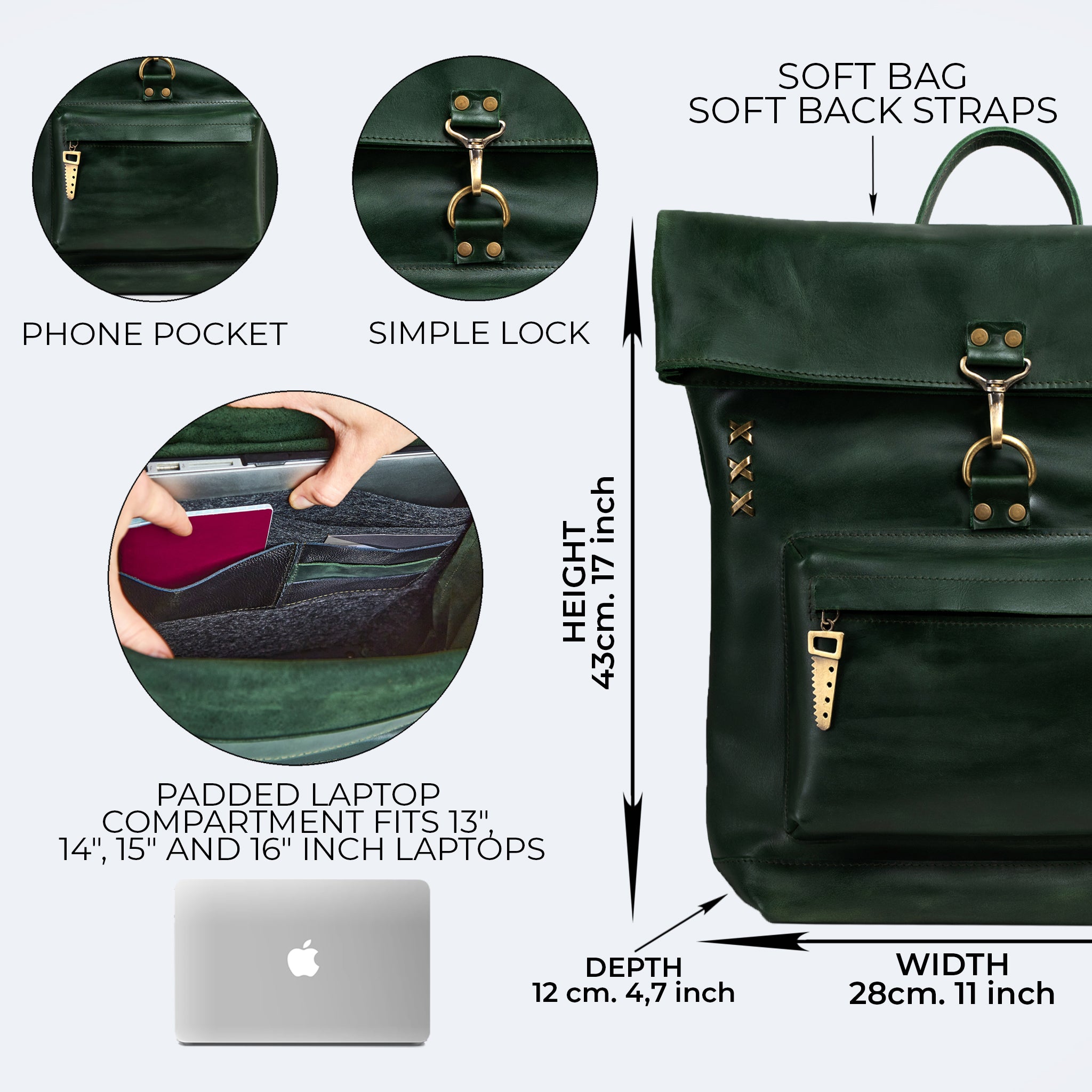 Roll -Top Leather Backpack for Men - Forester 13", 14", 15" and 16" inch laptops