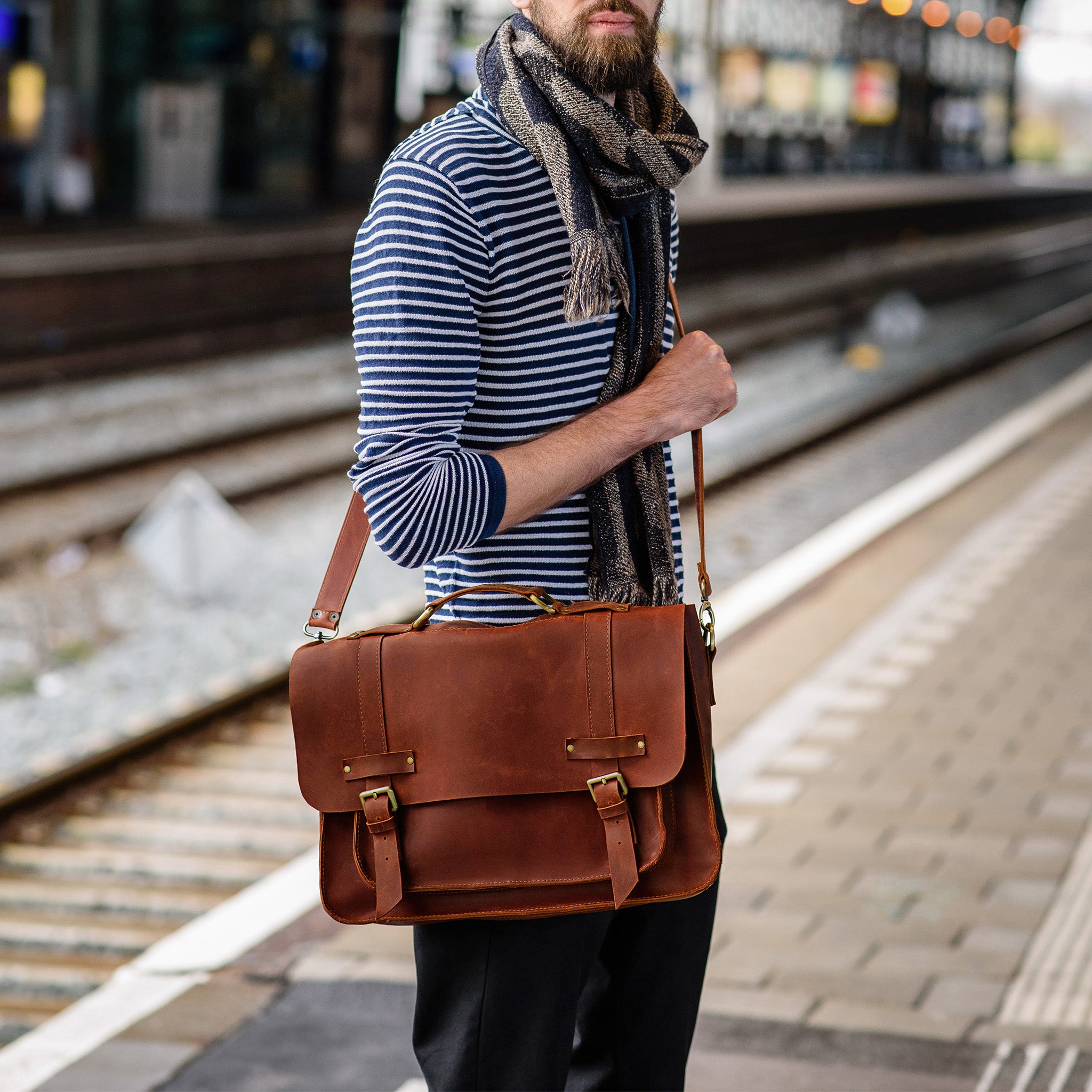 Men's Messender Laptop Leather Bag - Work Business Forester