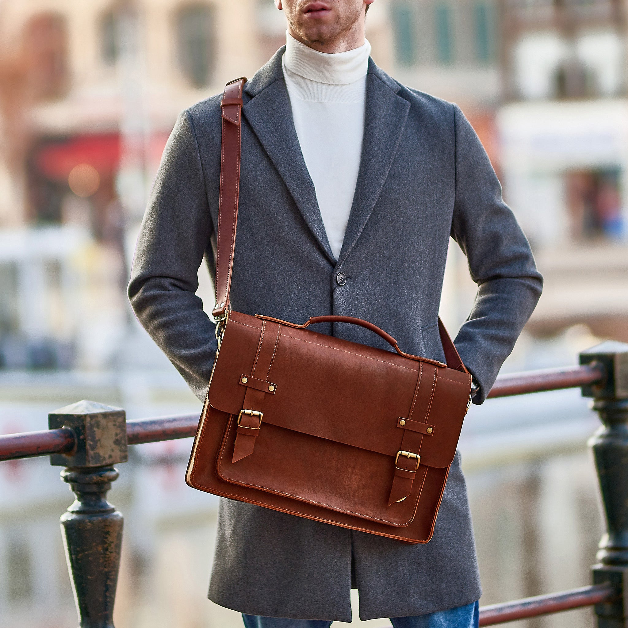 Men's Messender Laptop Leather Bag - Work Business Forester