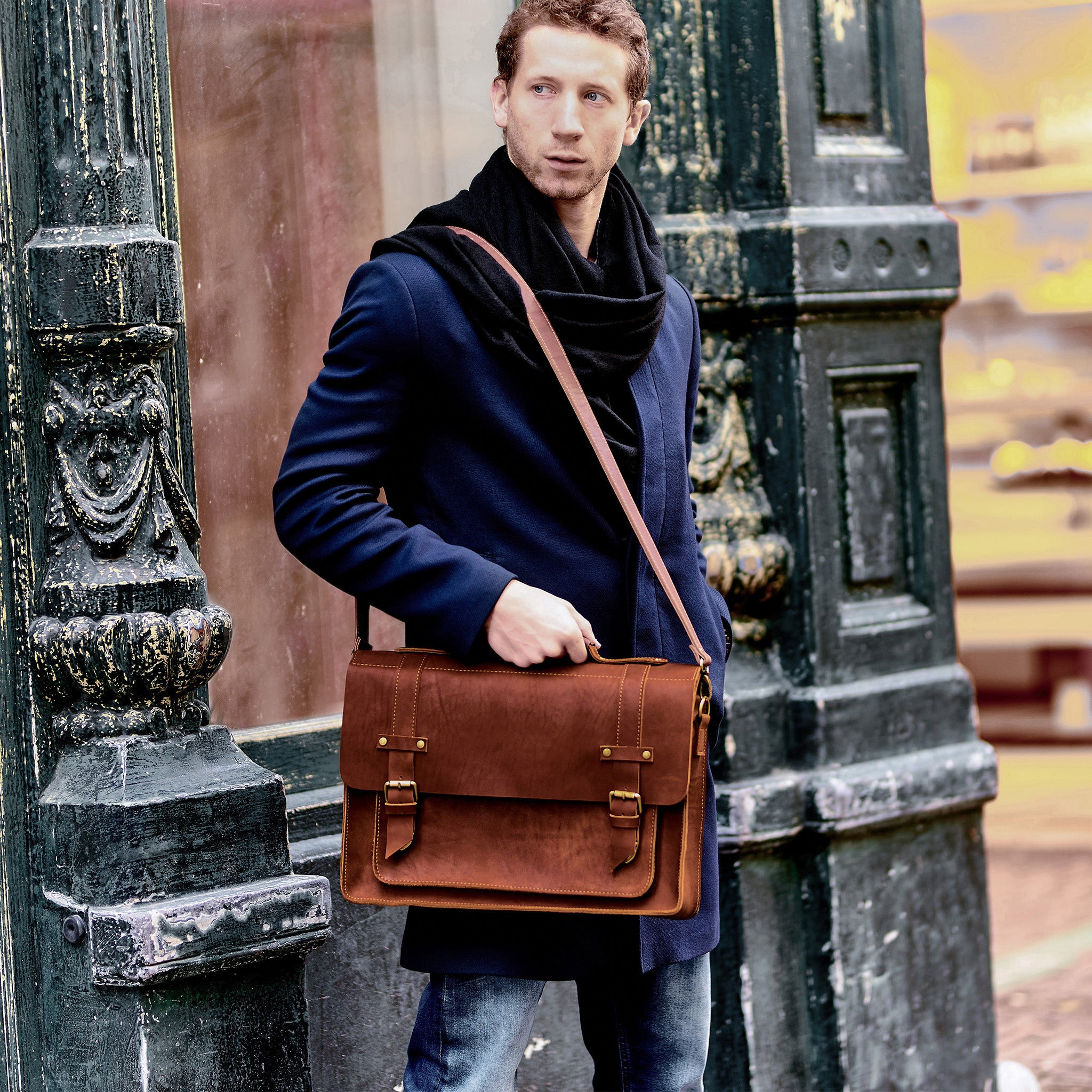 Men's Messender Laptop Leather Bag - Work Business Forester