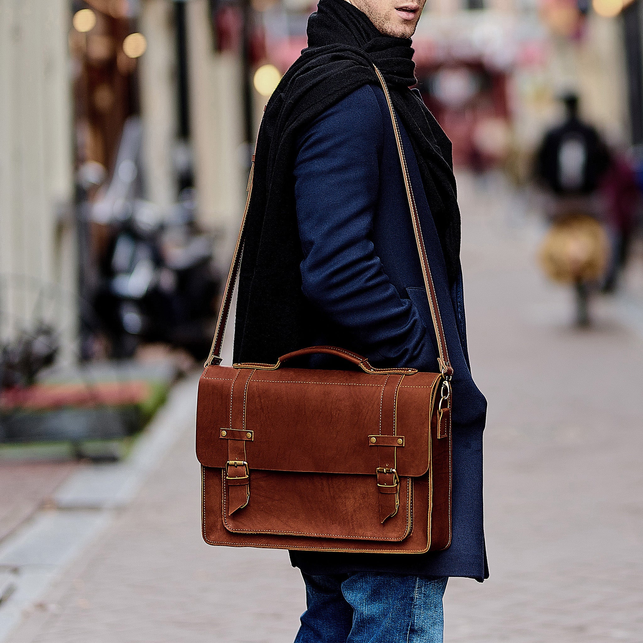 Men's Messender Laptop Leather Bag - Work Business Forester