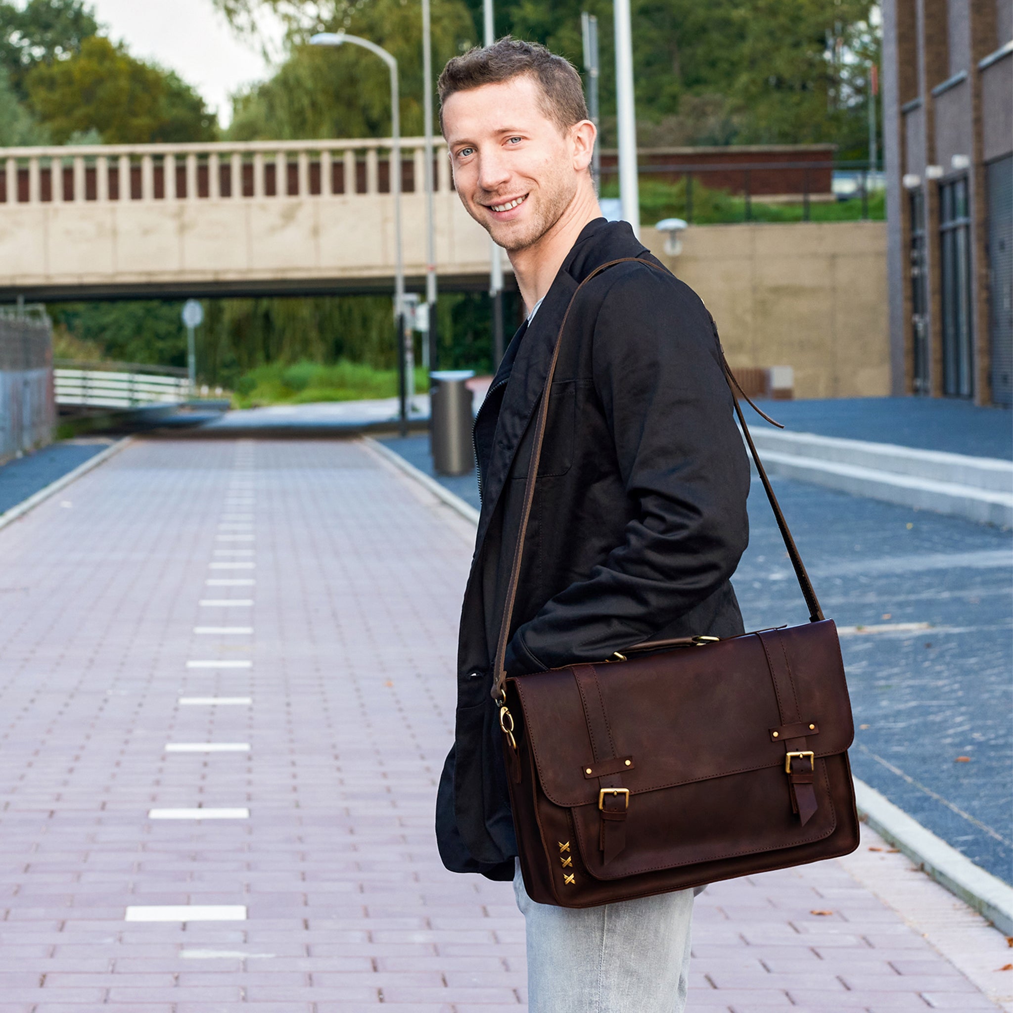 Men's Messender Laptop Leather Bag - Work Business Forester