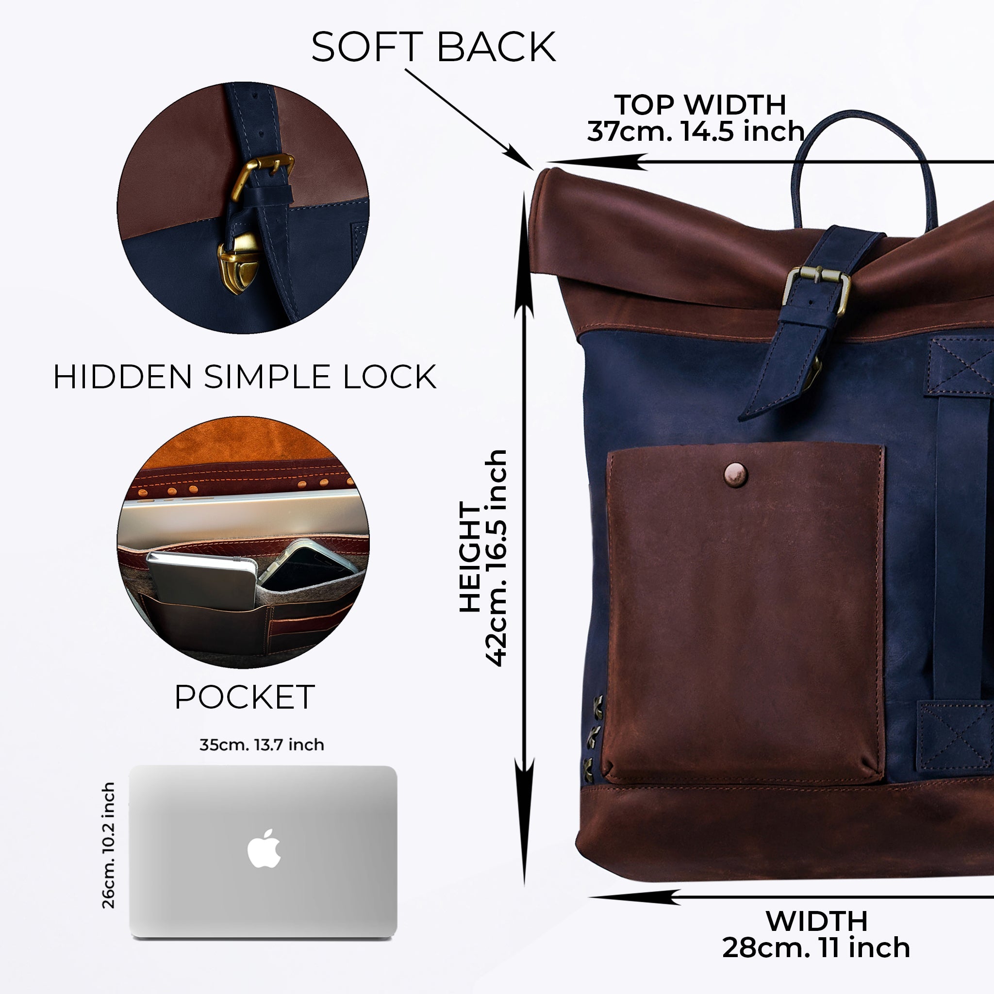 Handcrafting Men's Roll-Top Backpack Leather - 13", 14", 15" and 16" inch. laptops