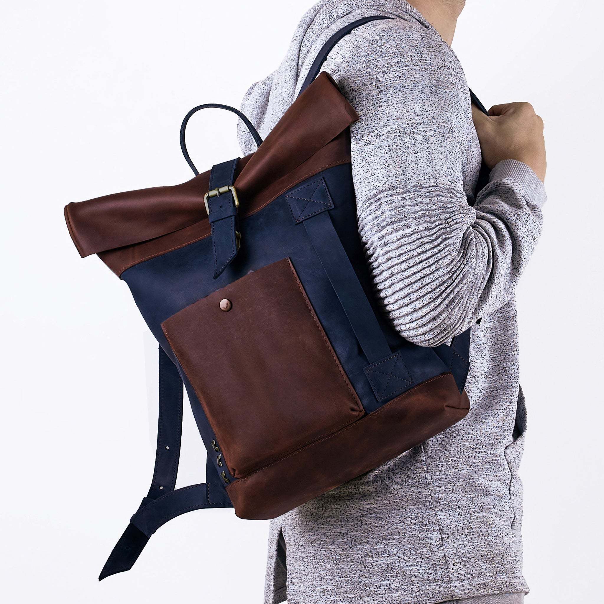 Handcrafting Men's Roll-Top Backpack Leather - 13", 14", 15" and 16" inch. laptops