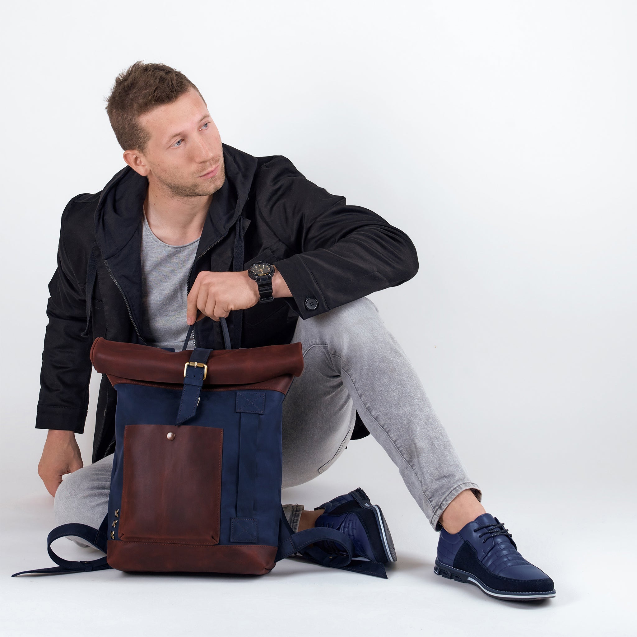 Handcrafting Men's Roll-Top Backpack Leather - 13", 14", 15" and 16" inch. laptops