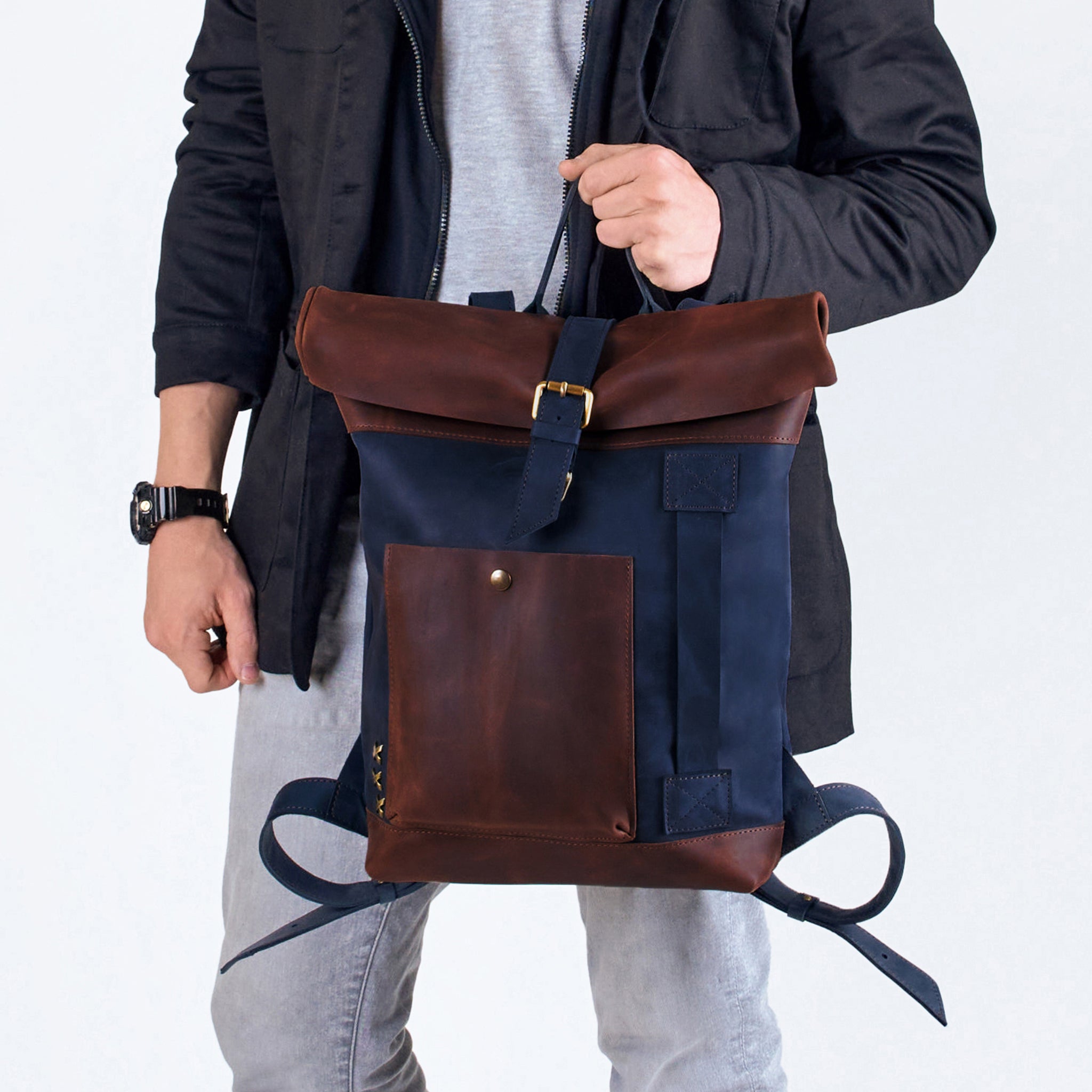 Handcrafting Men's Roll-Top Backpack Leather - 13", 14", 15" and 16" inch. laptops