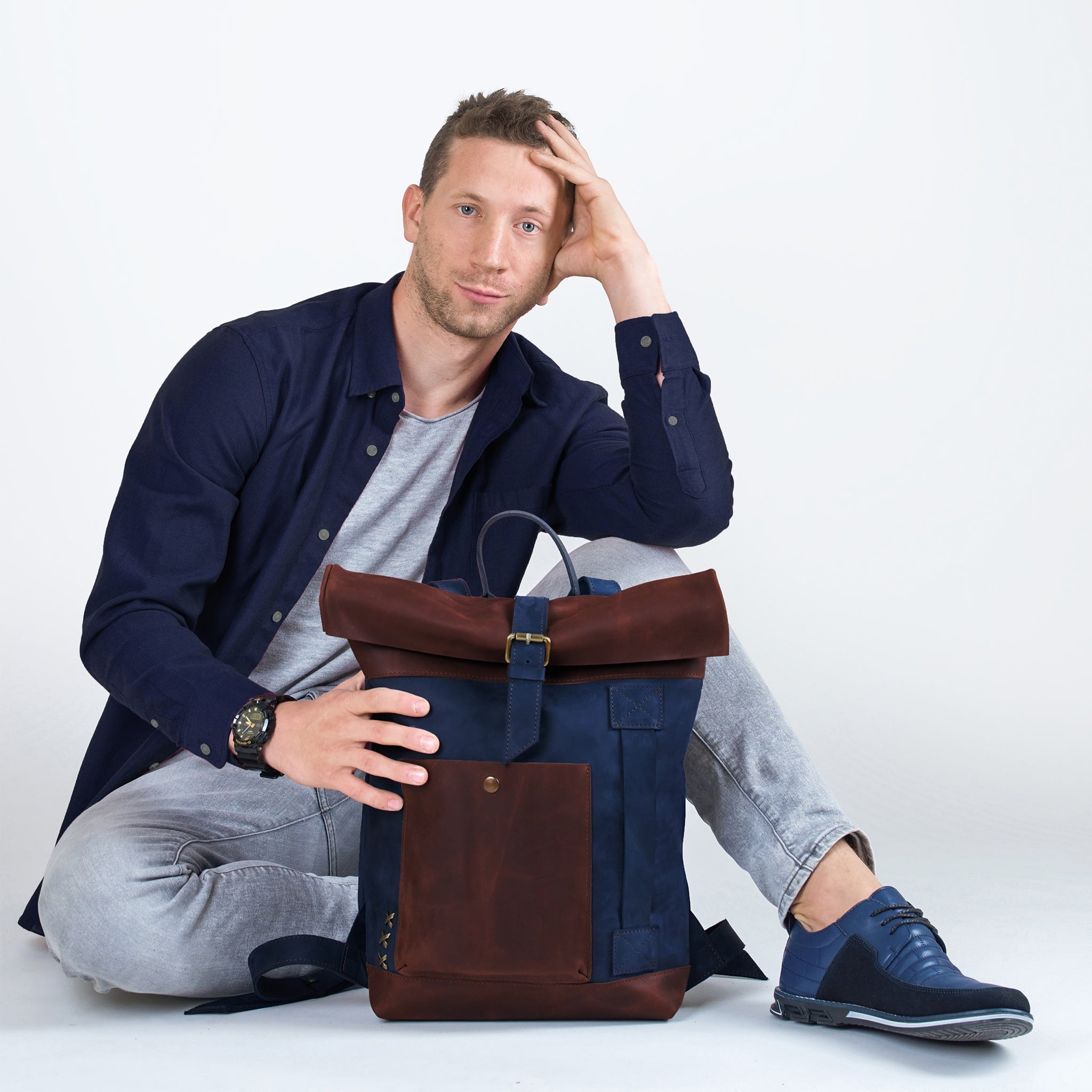 Handcrafting Men's Roll-Top Backpack Leather - 13", 14", 15" and 16" inch. laptops