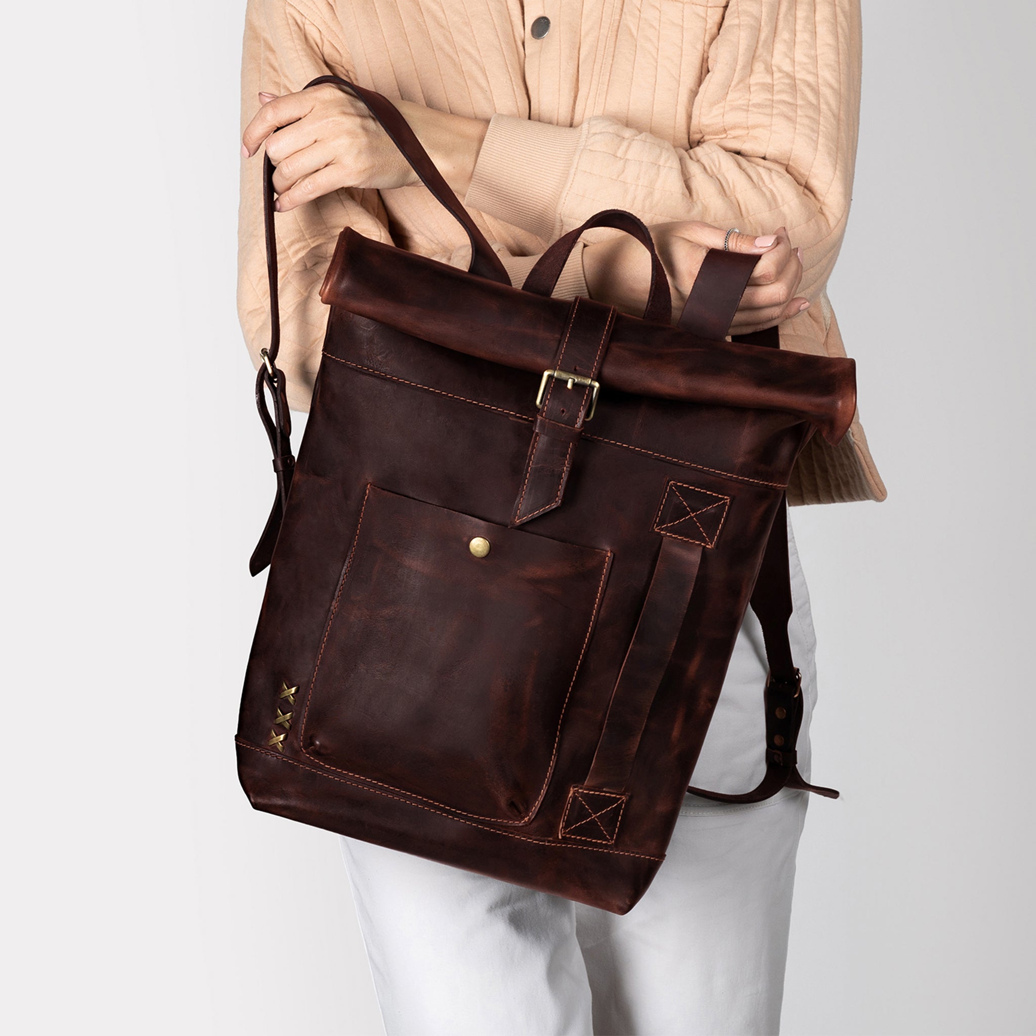 Roll-Top Handcrafting ,Women's Leather Backpack - Wanderlust 13-16 inch. laptops
