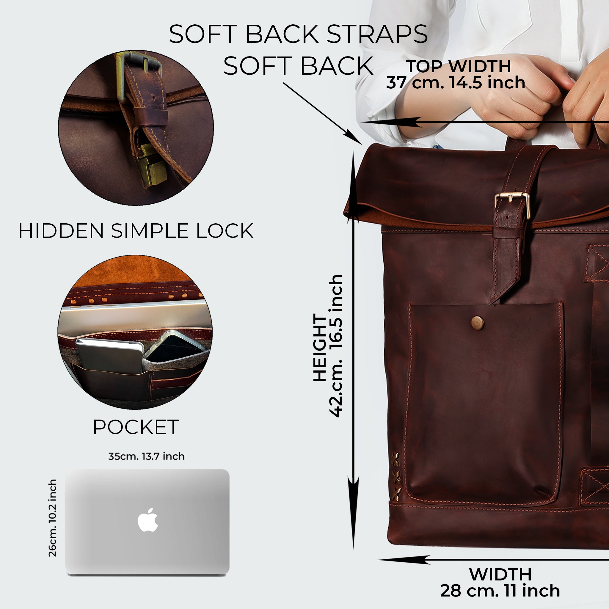 Roll-Top Handcrafting ,Women's Leather Backpack - Wanderlust 13-16 inch. laptops