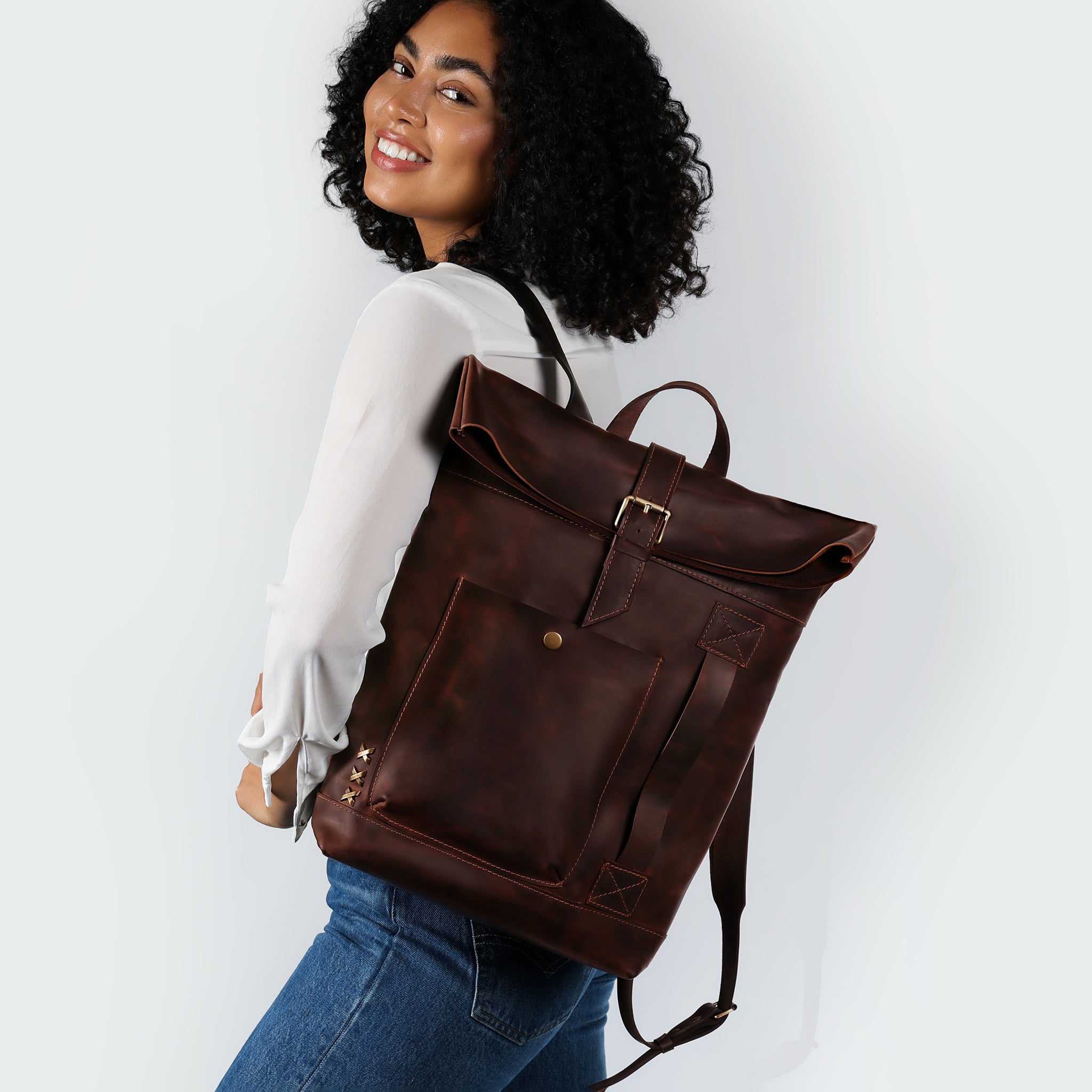 Roll-Top Handcrafting ,Women's Leather Backpack - Wanderlust 13-16 inch. laptops