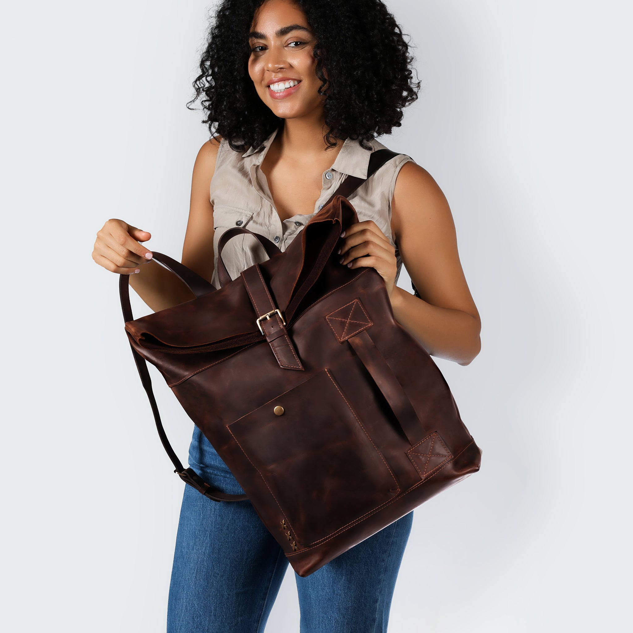 Roll-Top Handcrafting ,Women's Leather Backpack - Wanderlust 13-16 inch. laptops