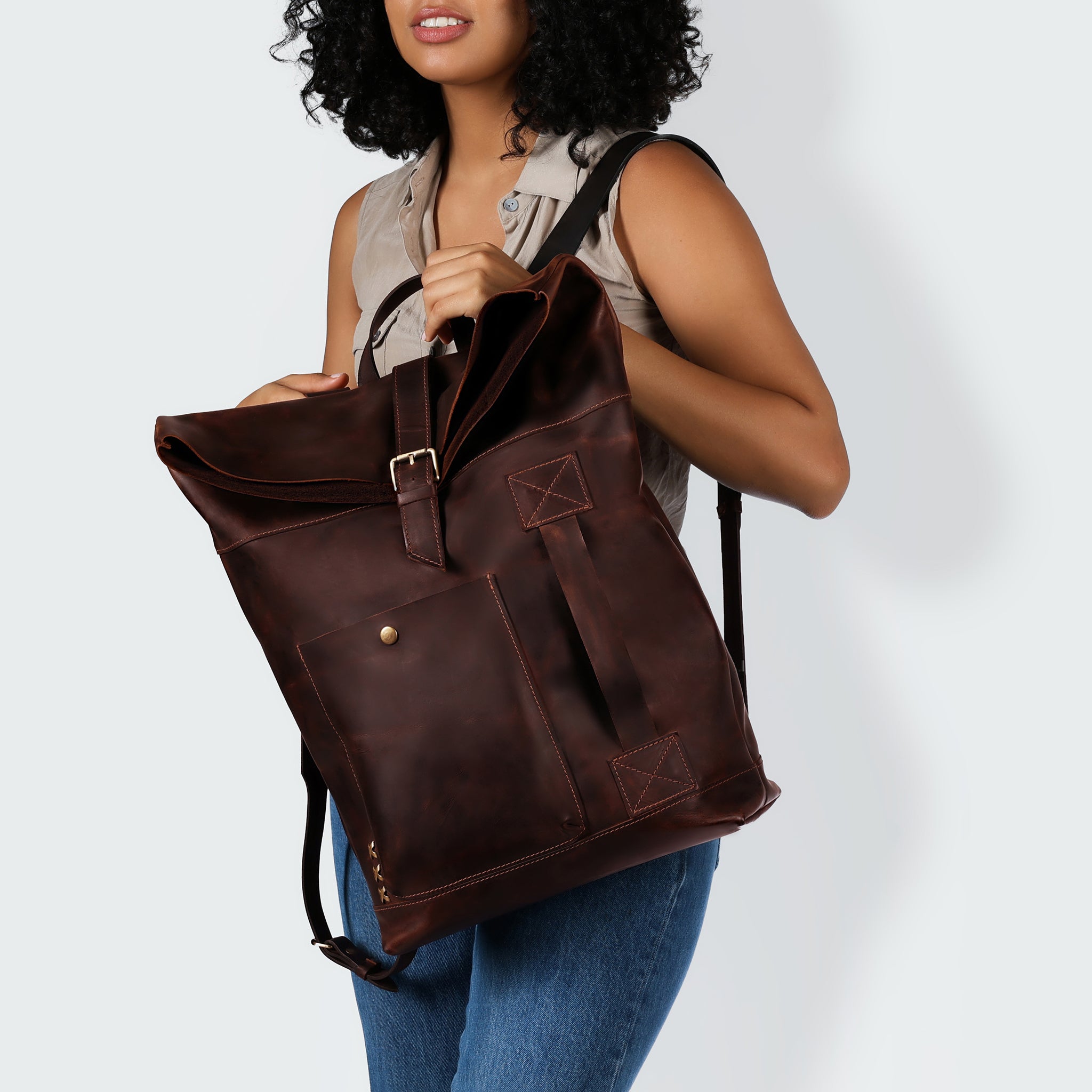 Roll-Top Handcrafting ,Women's Leather Backpack - Wanderlust 13-16 inch. laptops
