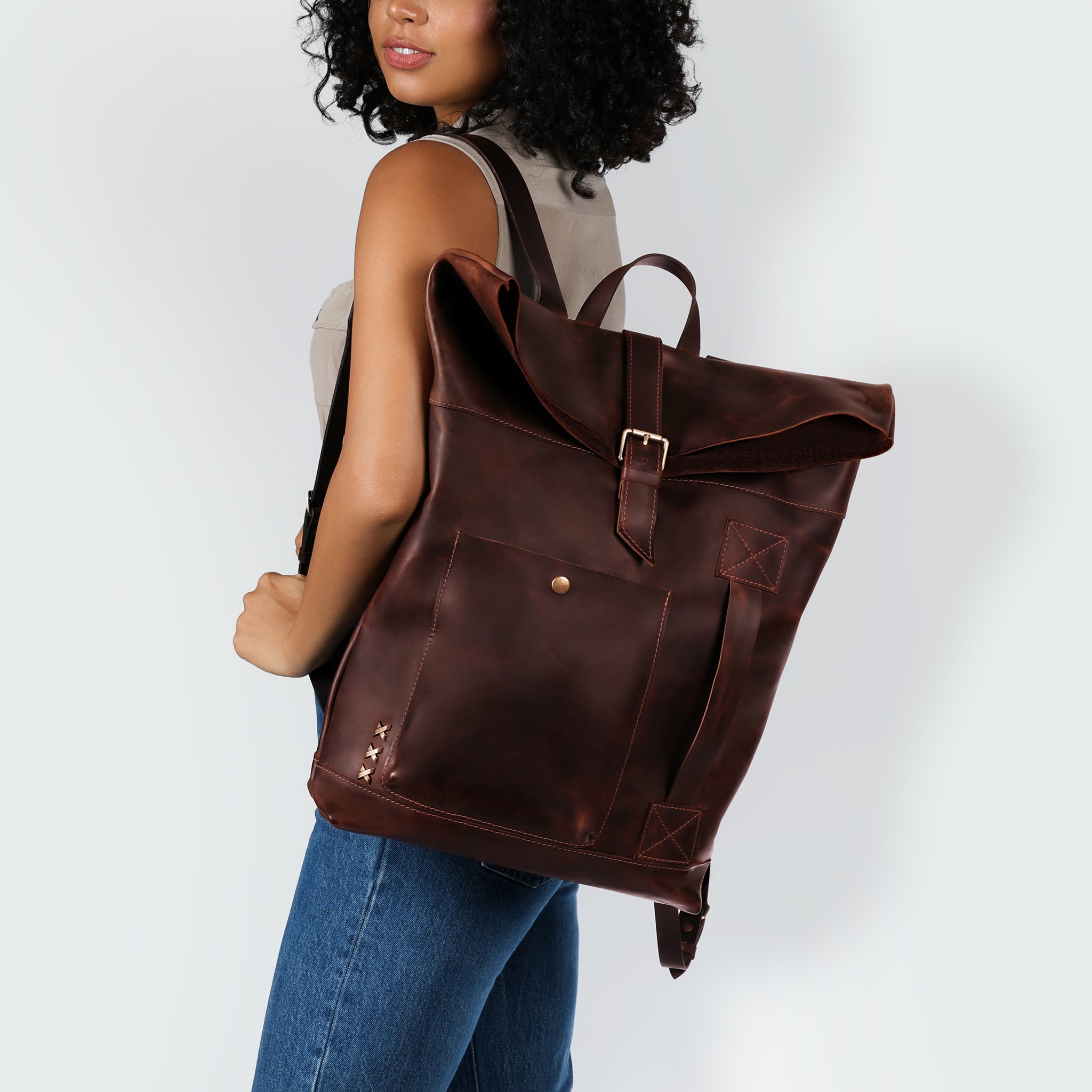 Roll-Top Handcrafting ,Women's Leather Backpack - Wanderlust 13-16 inch. laptops