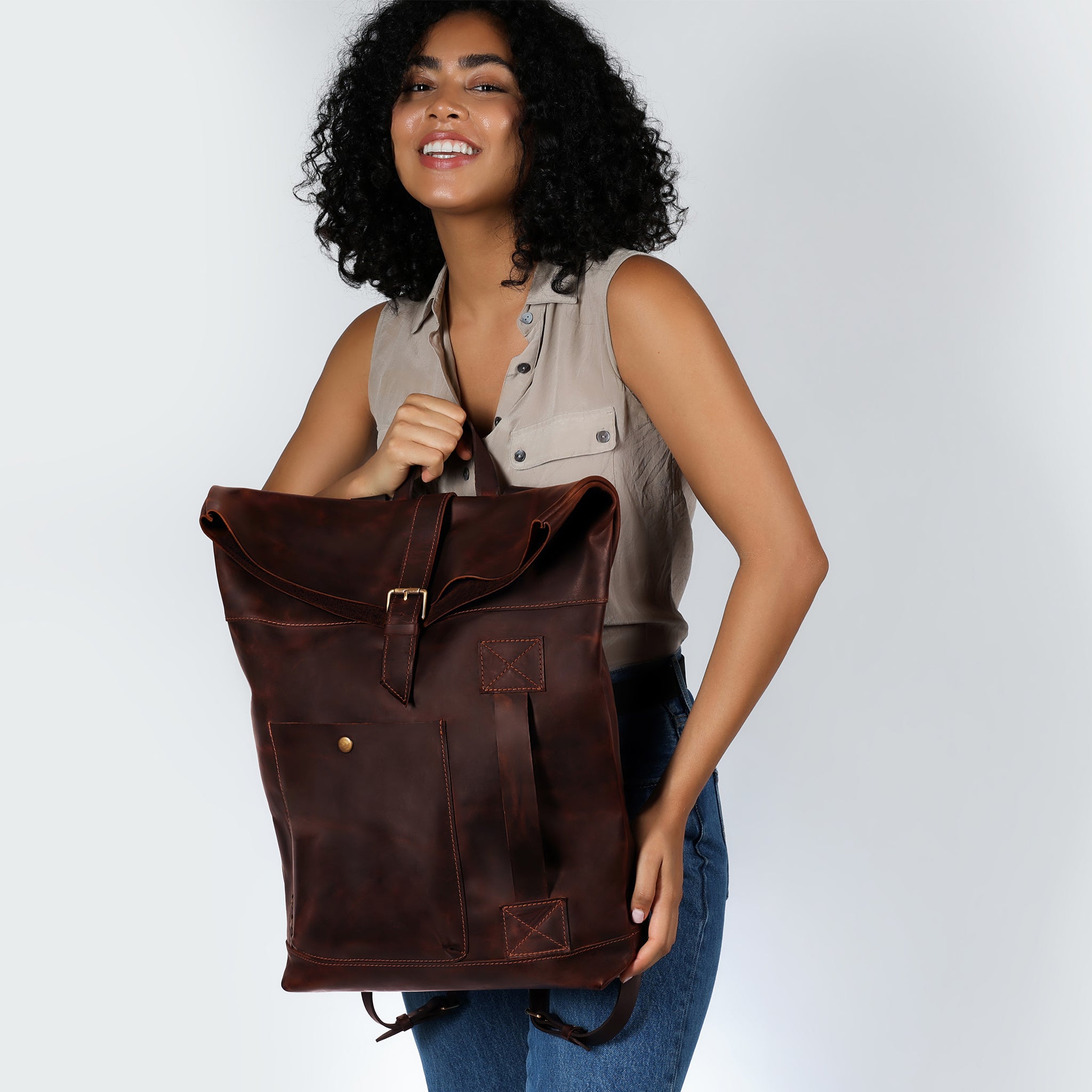 Roll-Top Handcrafting ,Women's Leather Backpack - Wanderlust 13-16 inch. laptops