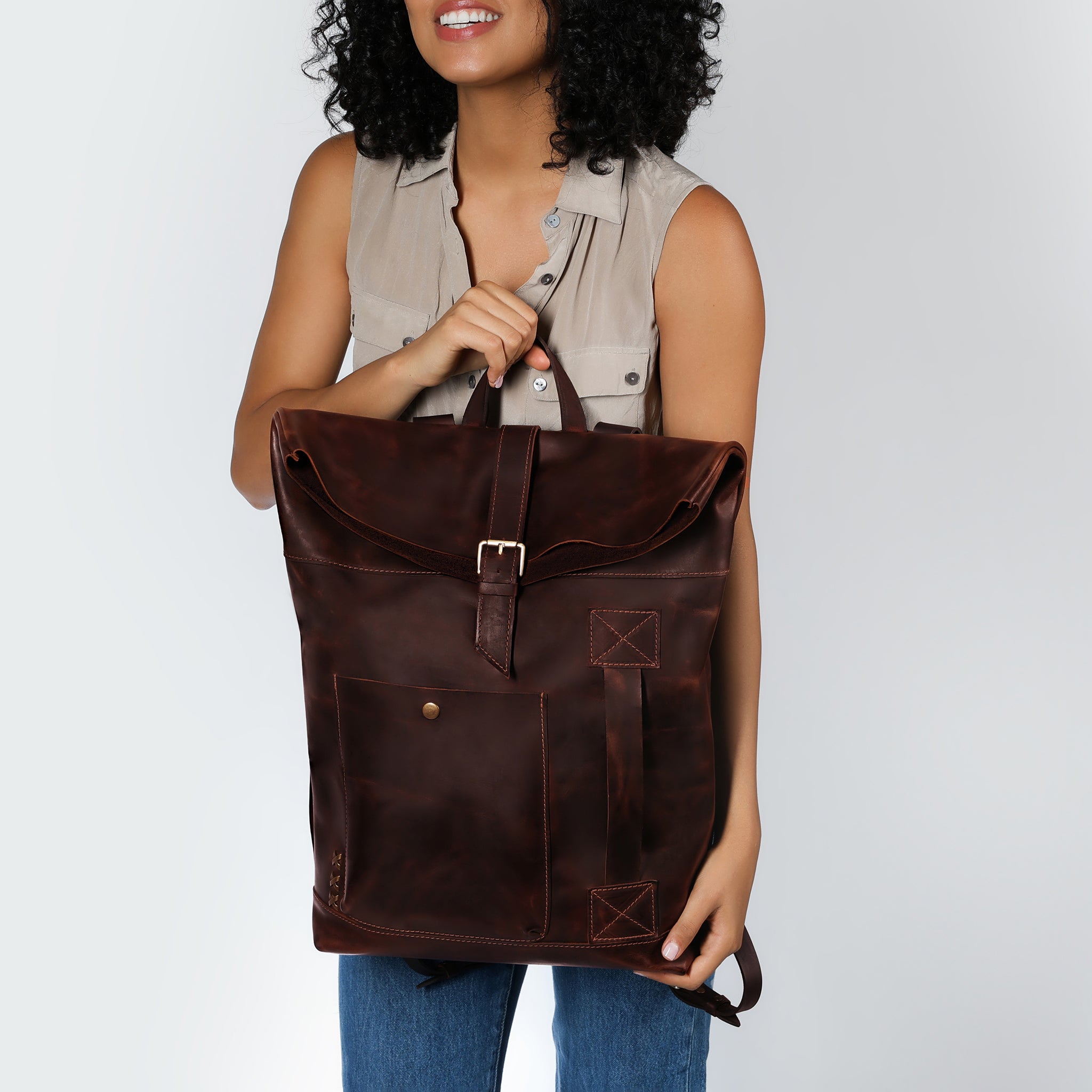 Roll-Top Handcrafting ,Women's Leather Backpack - Wanderlust 13-16 inch. laptops