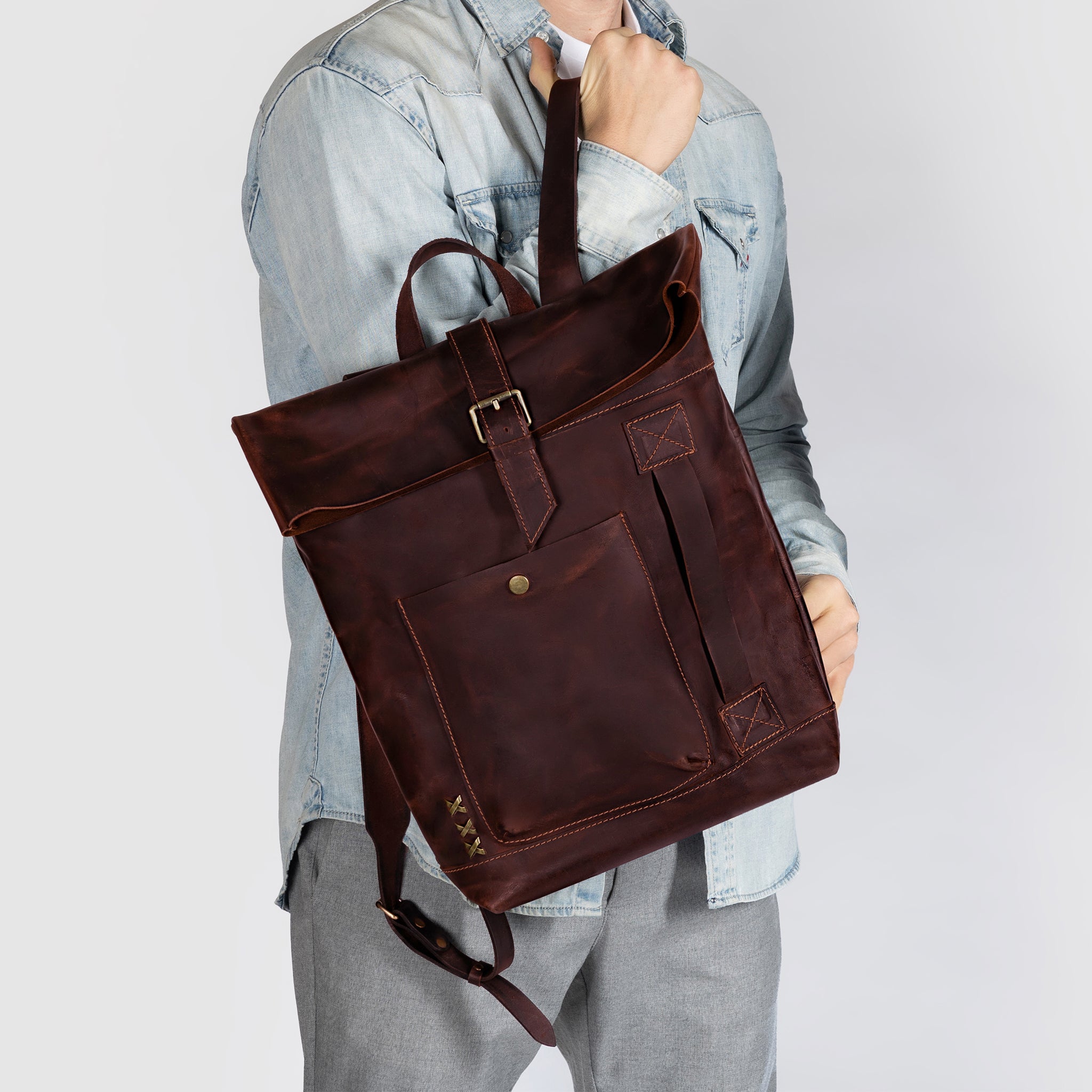 Men's Handcrafting Leather Roll-Top Backpack - Wanderlust 13", 14", 15" and 16" inch laptops