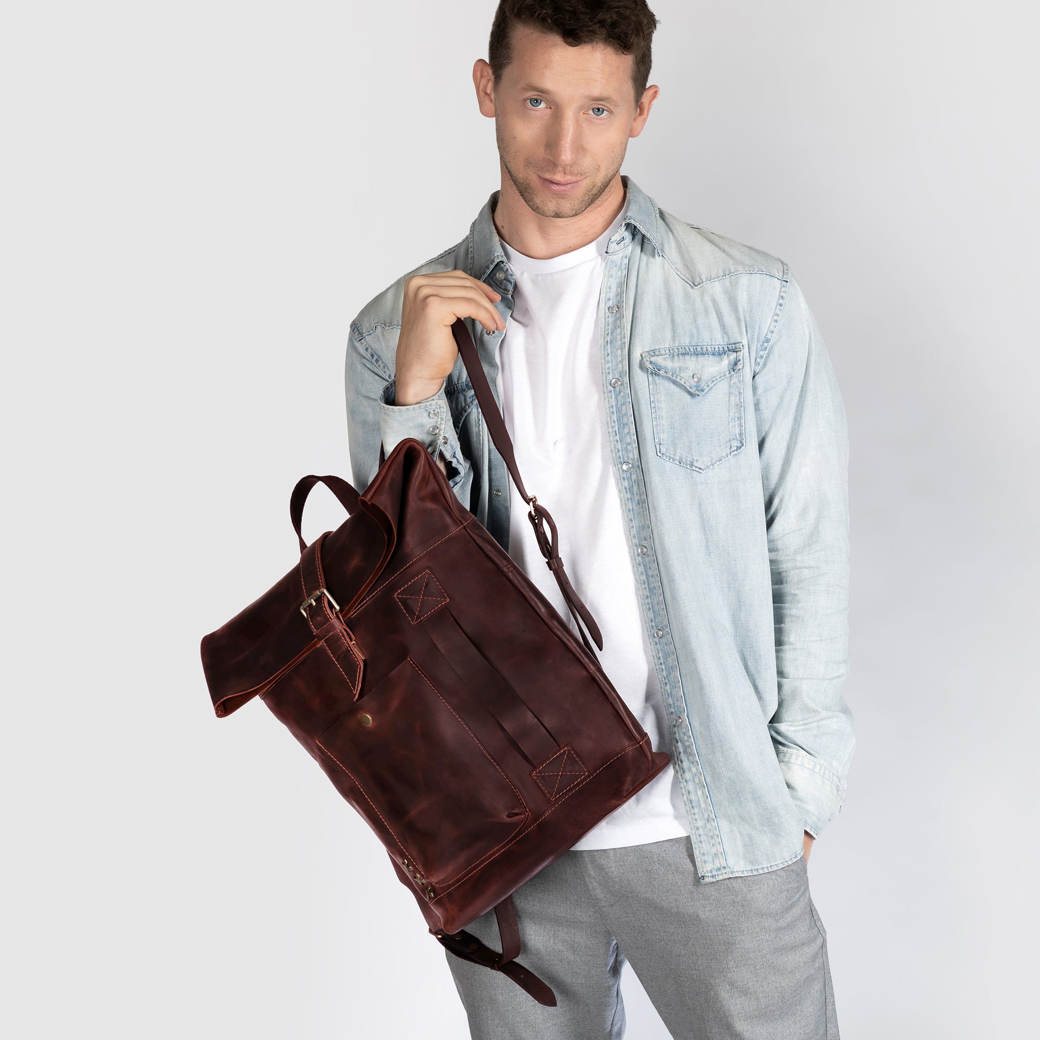 Men's Handcrafting Leather Roll-Top Backpack - Wanderlust 13", 14", 15" and 16" inch laptops